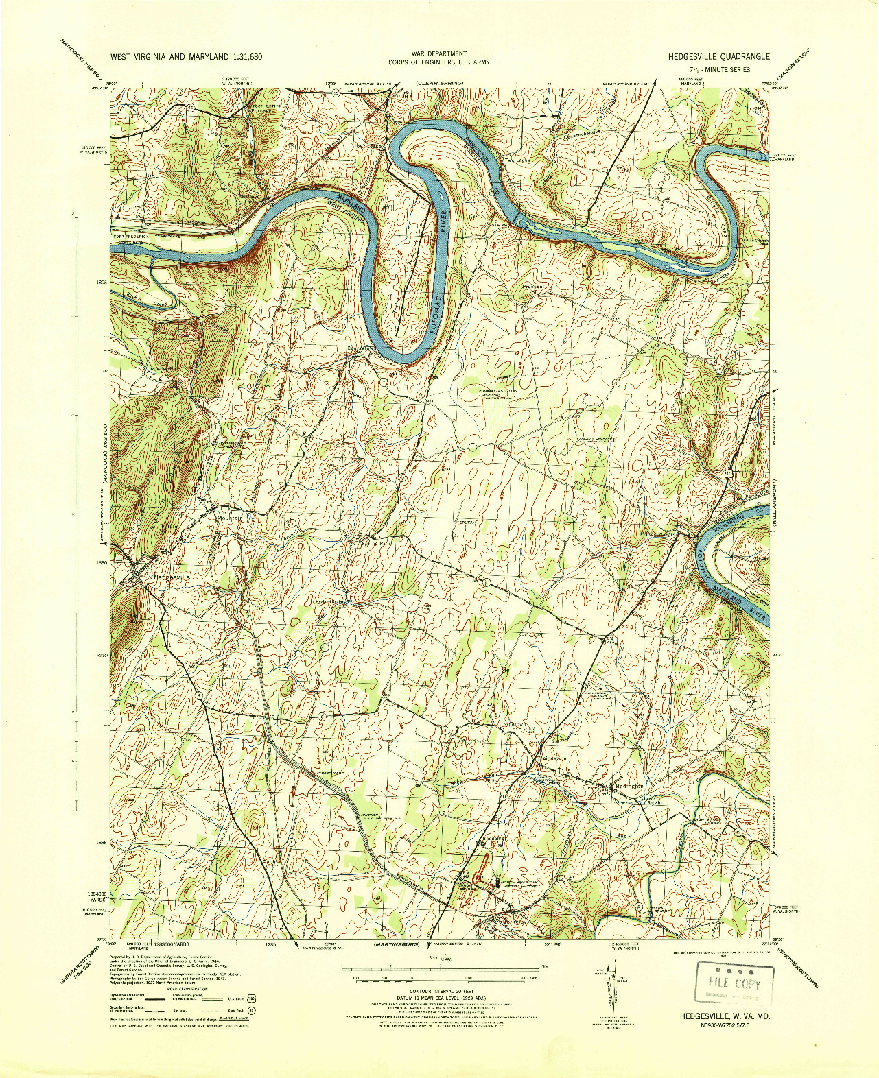 USGS 1:31680-SCALE QUADRANGLE FOR HEDGESVILLE, WV 1944