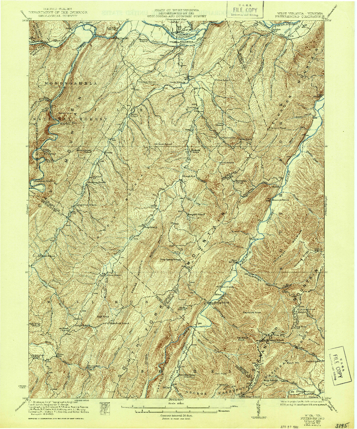 USGS 1:62500-SCALE QUADRANGLE FOR PETERSBURG, WV 1922