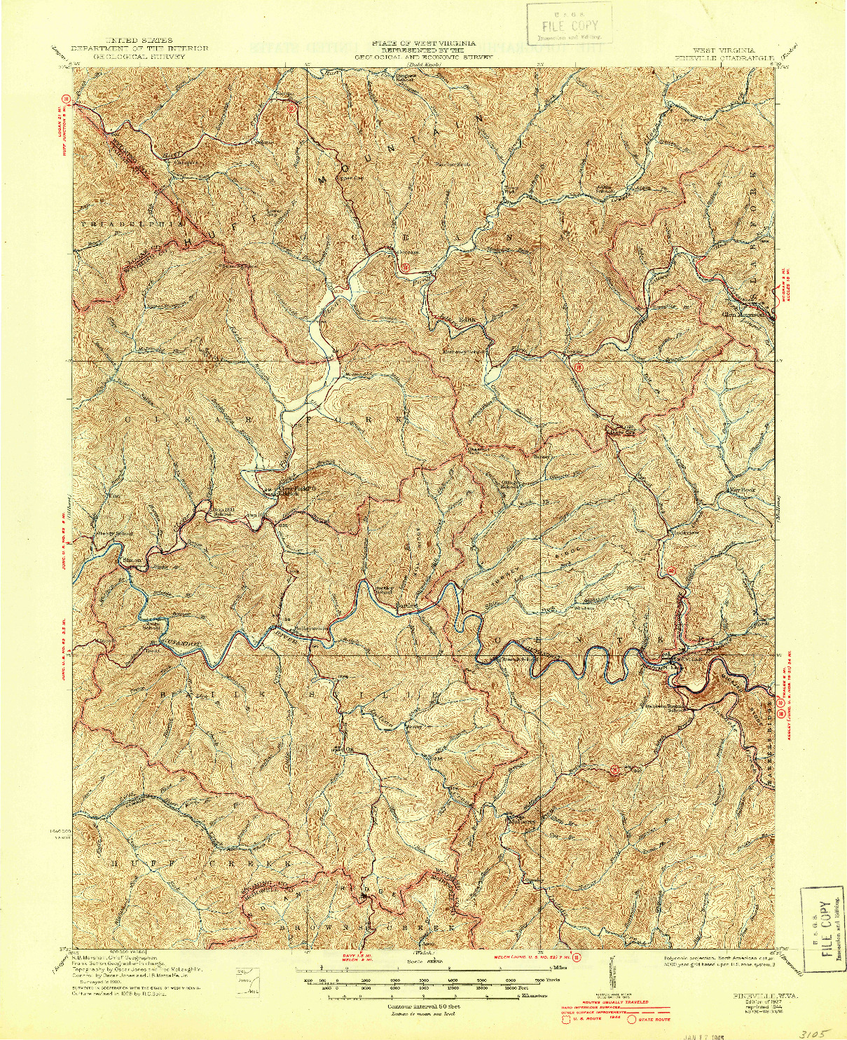 USGS 1:62500-SCALE QUADRANGLE FOR PINEVILLE, WV 1927