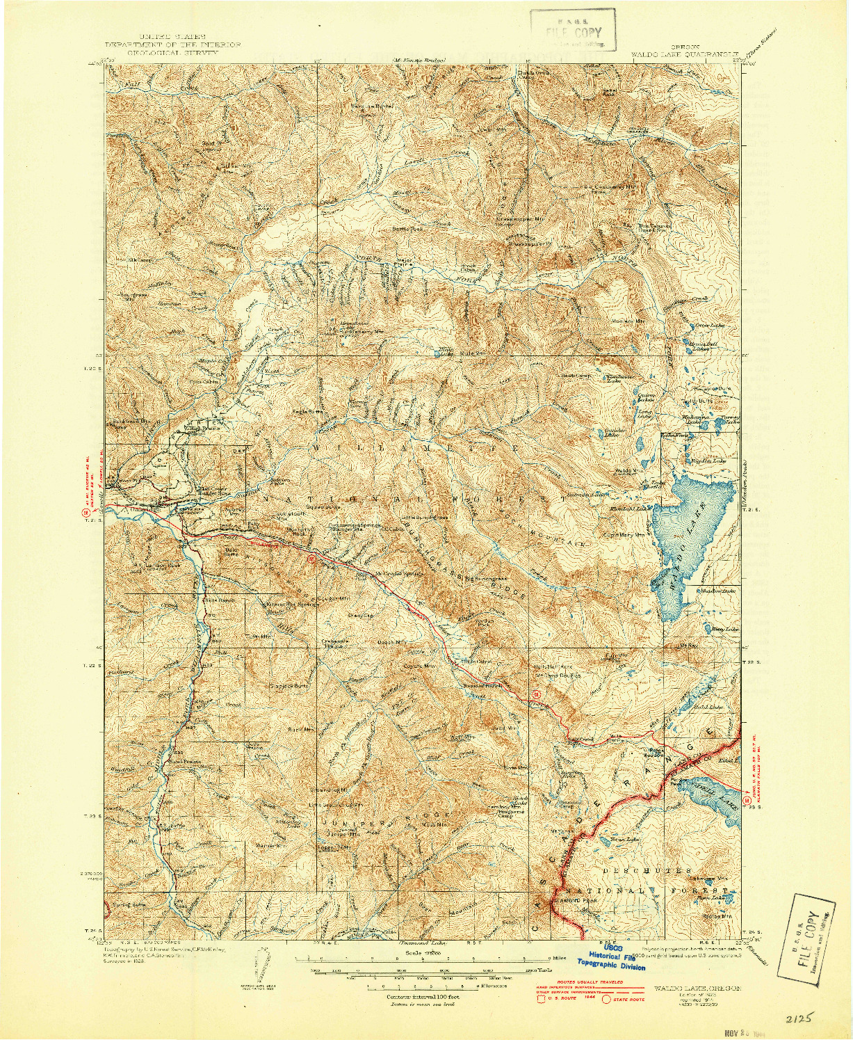 USGS 1:125000-SCALE QUADRANGLE FOR WALDO LAKE, OR 1925