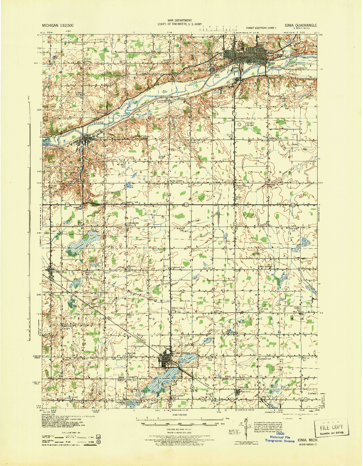 USGS 1:62500-SCALE QUADRANGLE FOR IONIA, MI 1943
