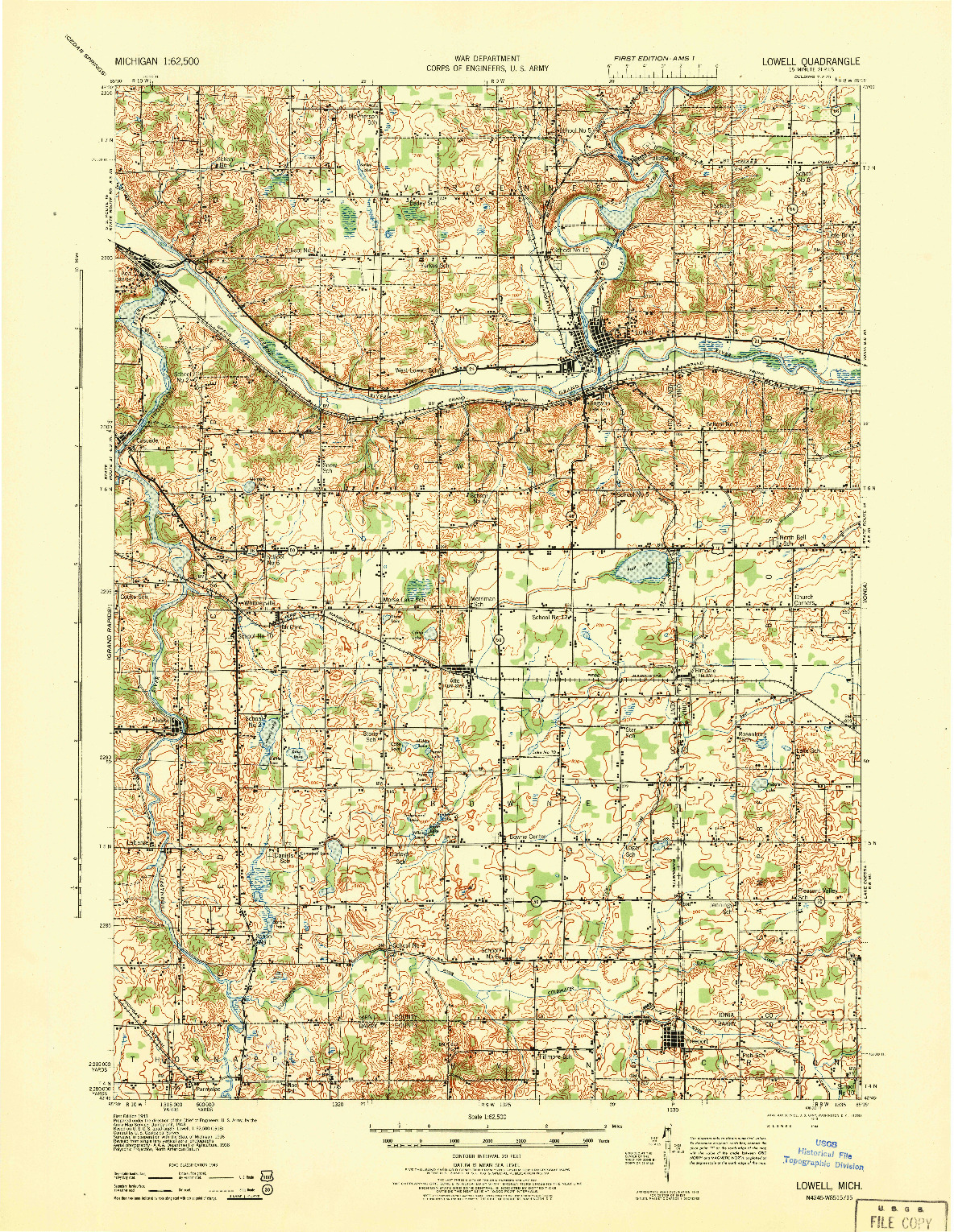 USGS 1:62500-SCALE QUADRANGLE FOR LOWELL, MI 1943