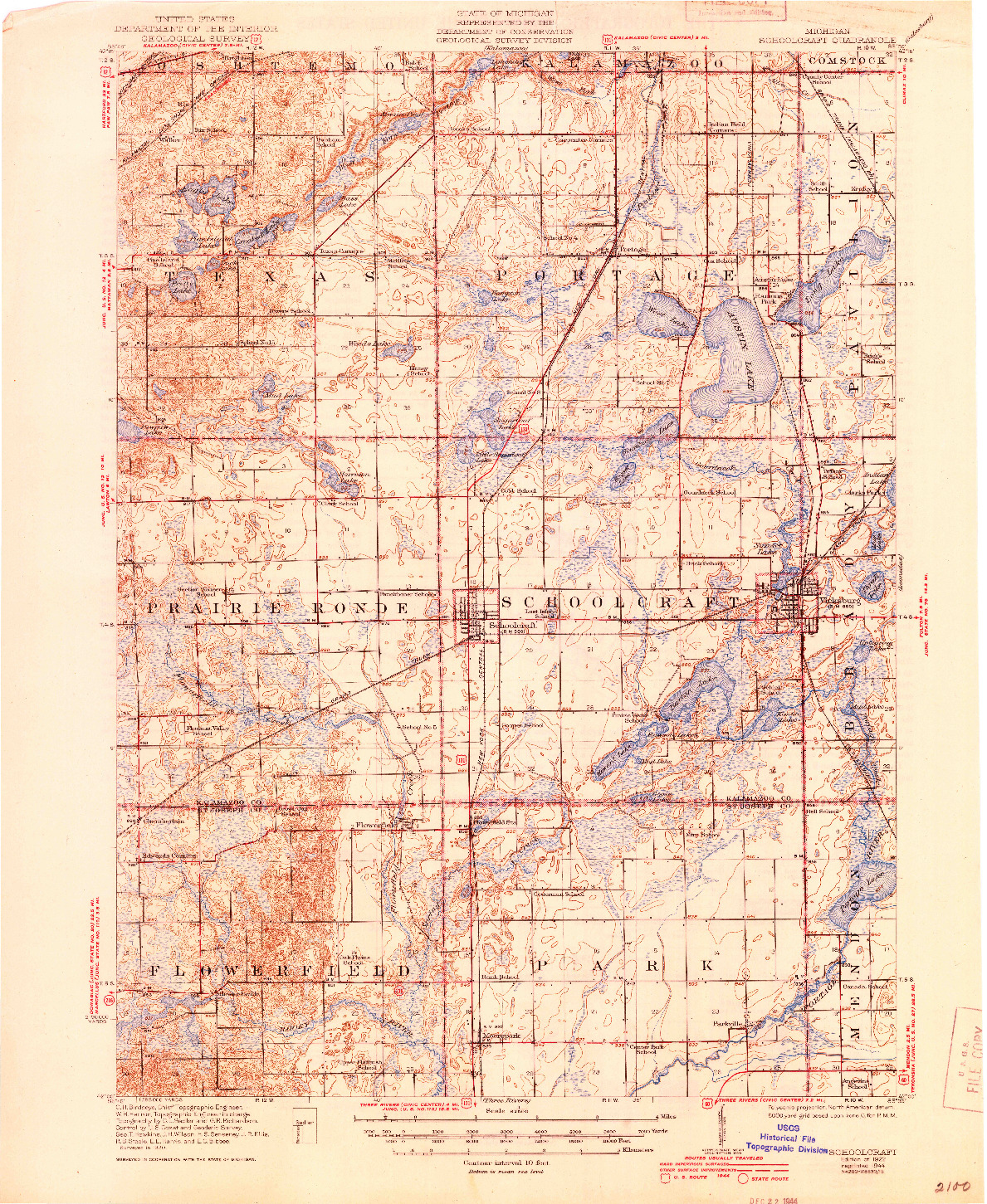USGS 1:62500-SCALE QUADRANGLE FOR SCHOOLCRAFT, MI 1922