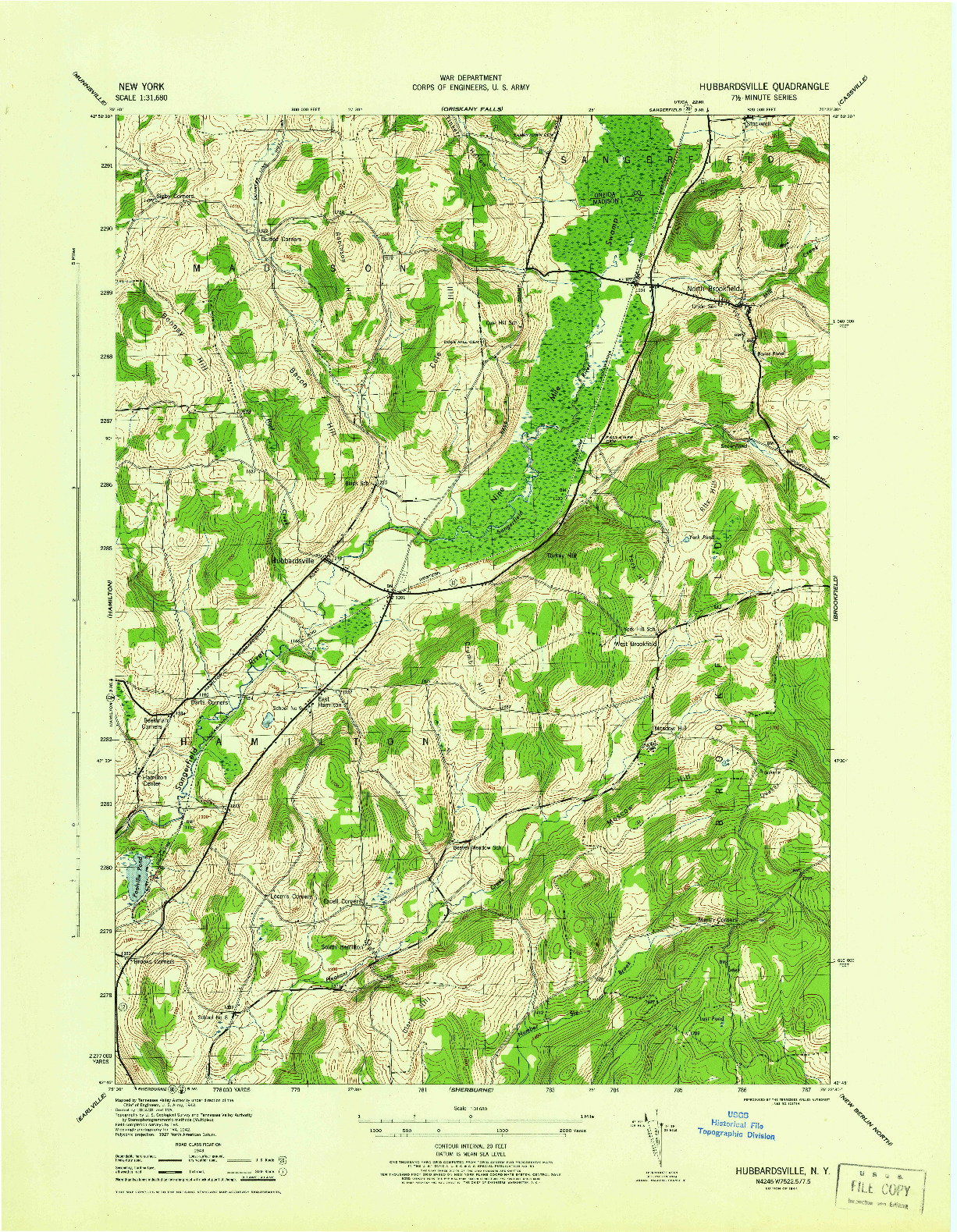 USGS 1:31680-SCALE QUADRANGLE FOR HUBBARDSVILLE, NY 1944