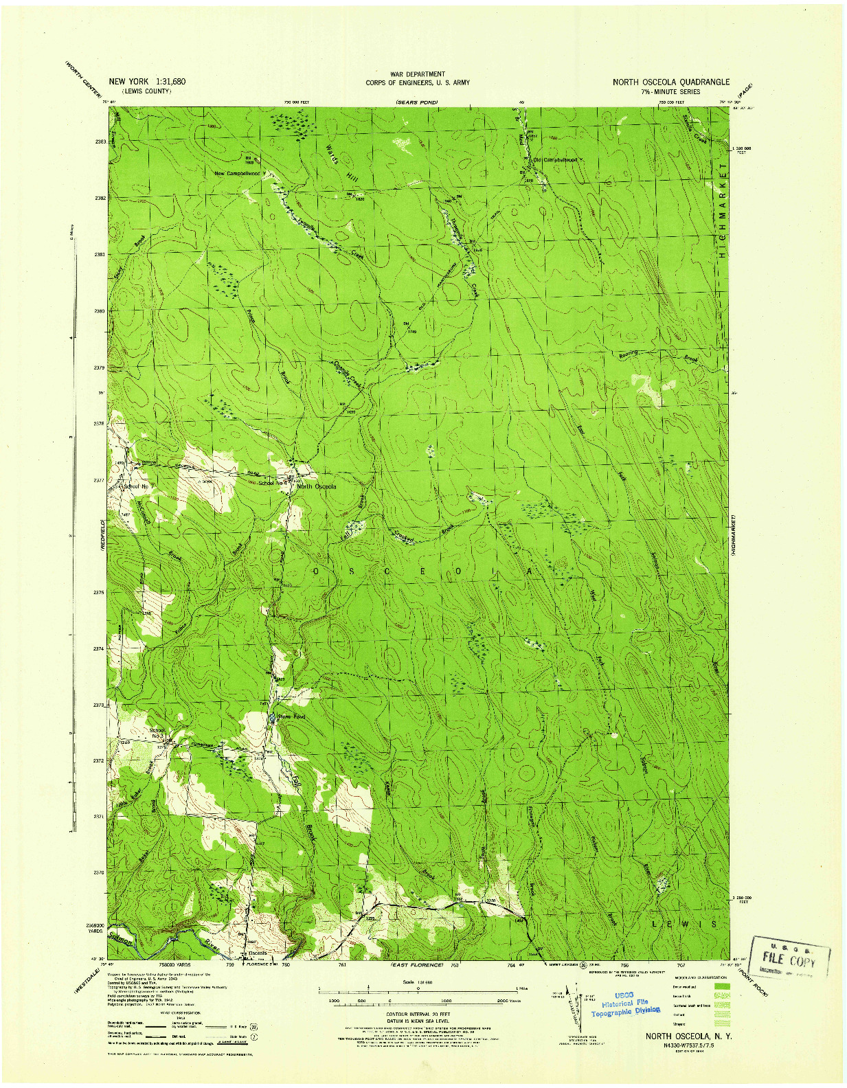USGS 1:31680-SCALE QUADRANGLE FOR NORTH OSCEOLA, NY 1944