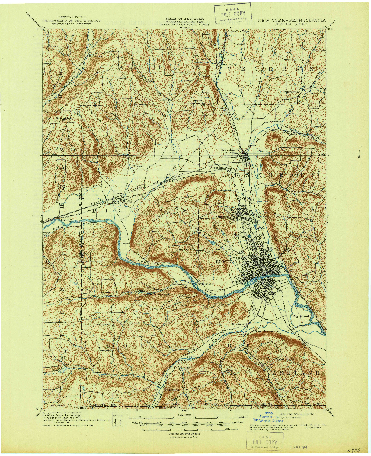 USGS 1:62500-SCALE QUADRANGLE FOR ELMIRA, NY 1895