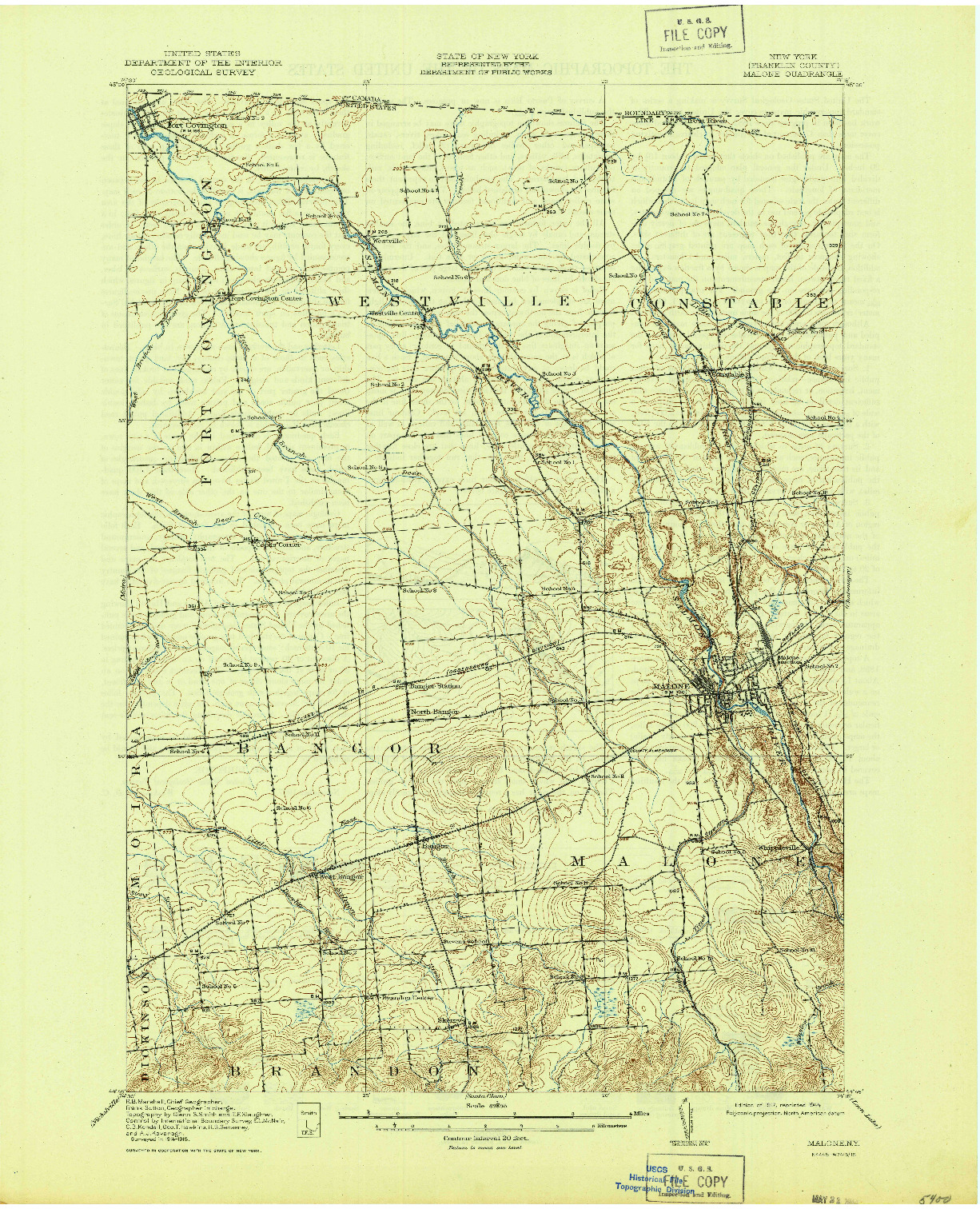 USGS 1:62500-SCALE QUADRANGLE FOR MALONE, NY 1917