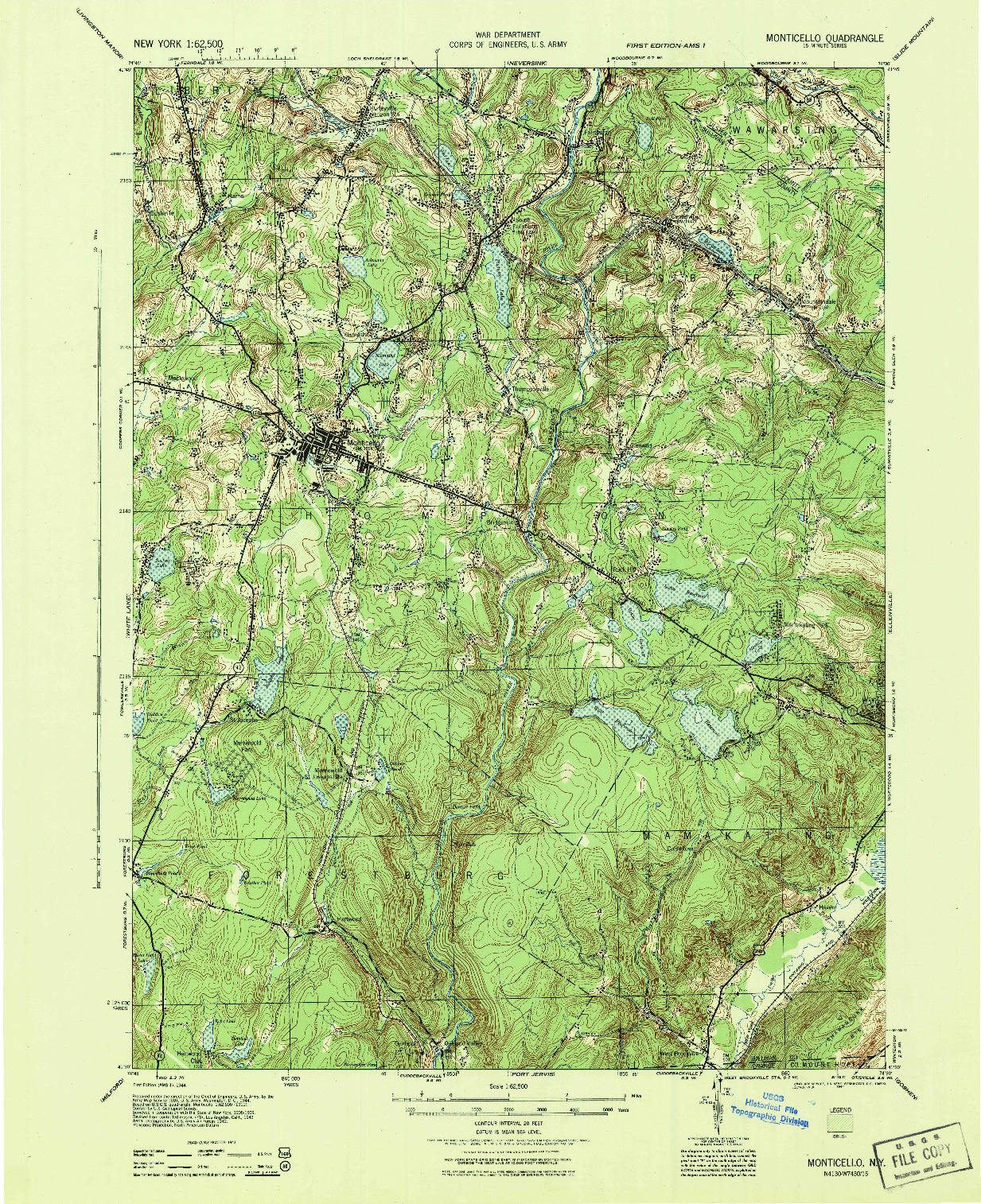 USGS 1:62500-SCALE QUADRANGLE FOR MONTICELLO, NY 1944