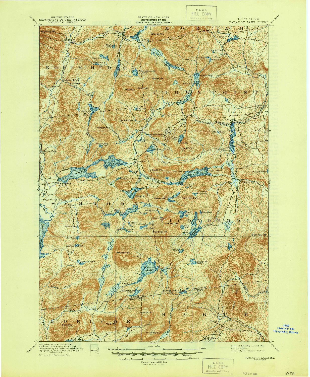 USGS 1:62500-SCALE QUADRANGLE FOR PARADOX LAKE, NY 1897