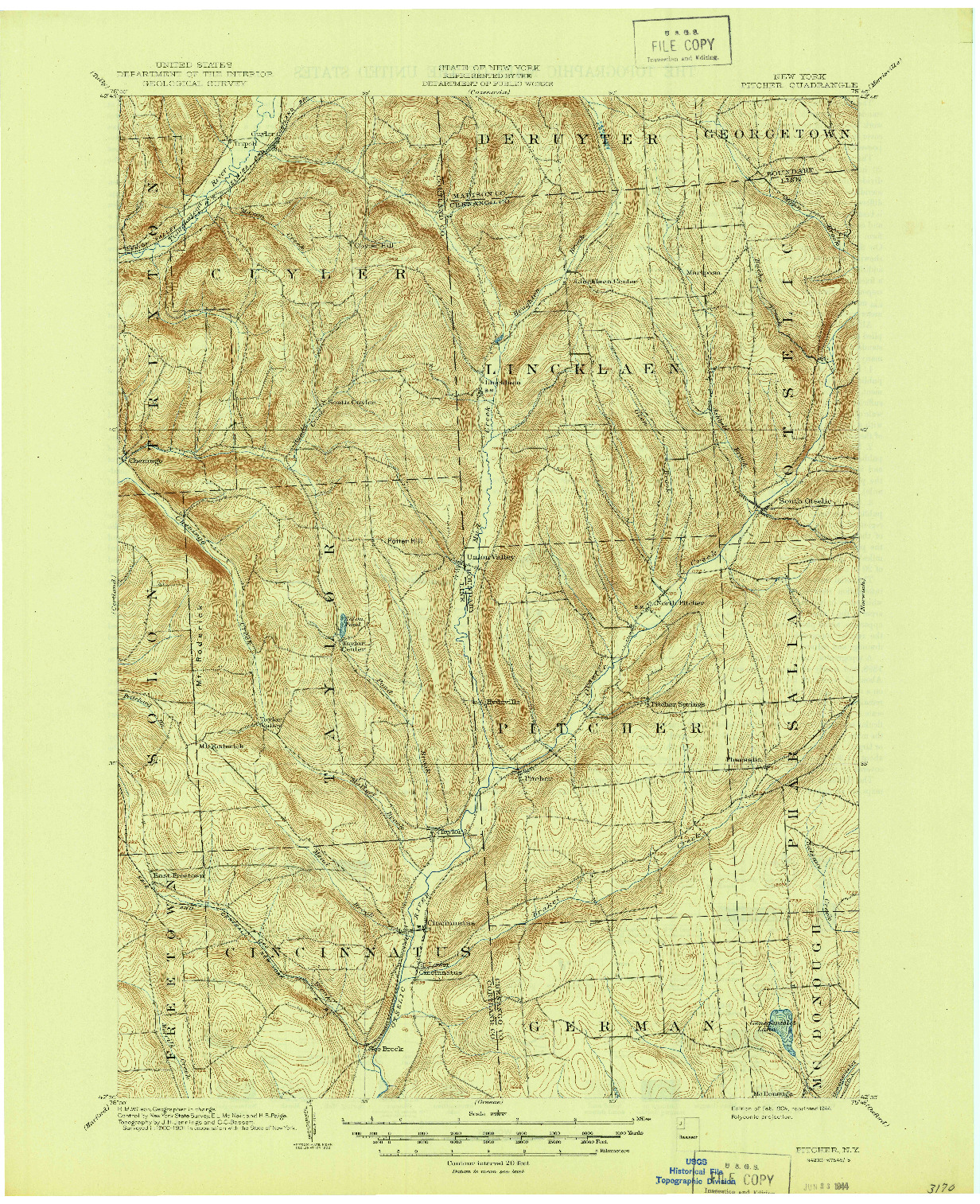 USGS 1:62500-SCALE QUADRANGLE FOR PITCHER, NY 1904
