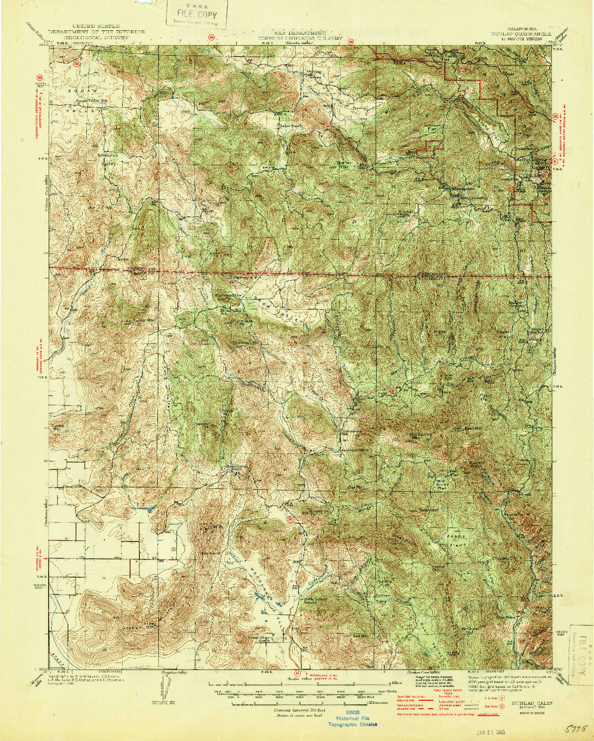 USGS 1:62500-SCALE QUADRANGLE FOR DUNLAP, CA 1944