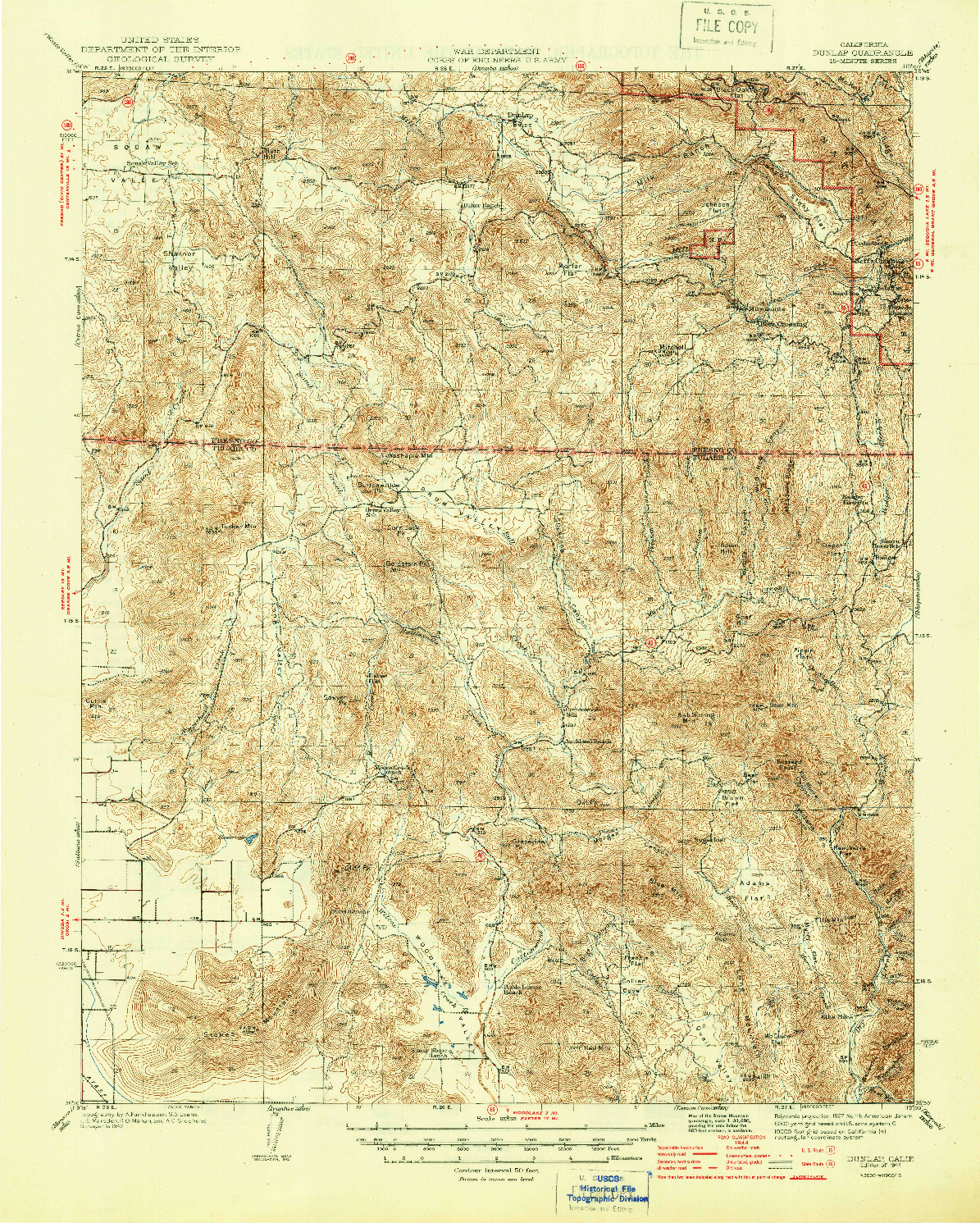 USGS 1:62500-SCALE QUADRANGLE FOR DUNLAP, CA 1944
