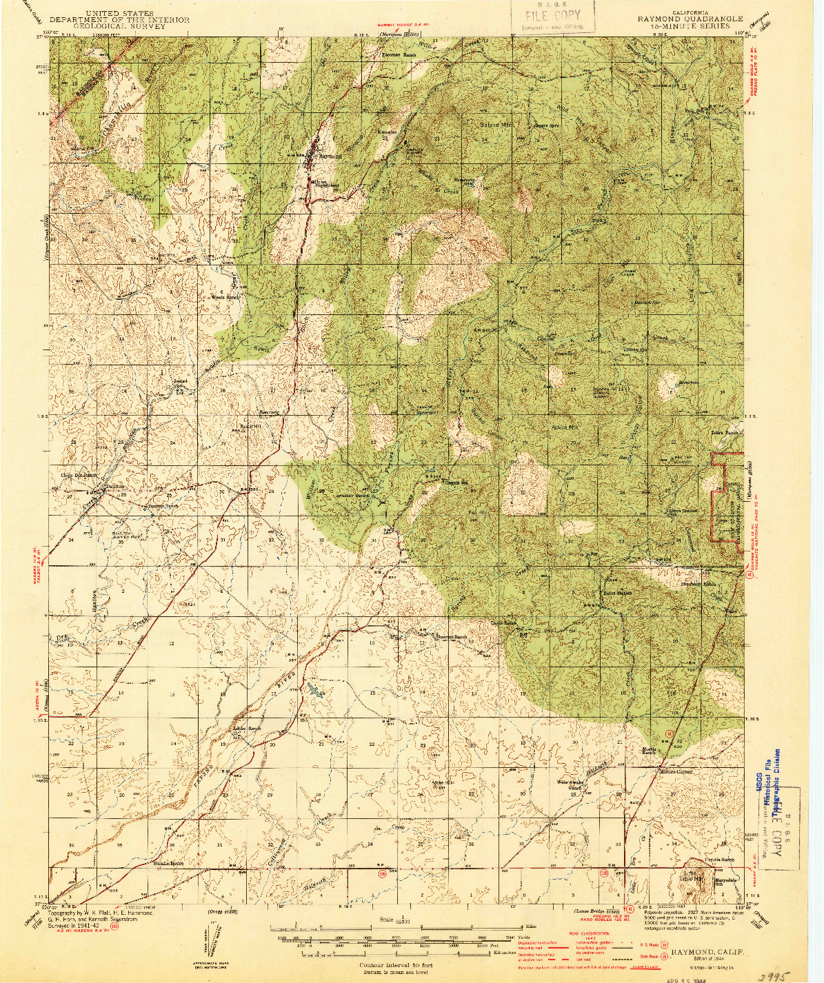 USGS 1:62500-SCALE QUADRANGLE FOR RAYMOND, CA 1944