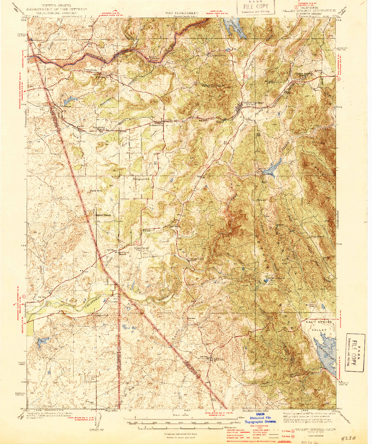 USGS 1:62500-SCALE QUADRANGLE FOR VALLEY SPRINGS, CA 1944