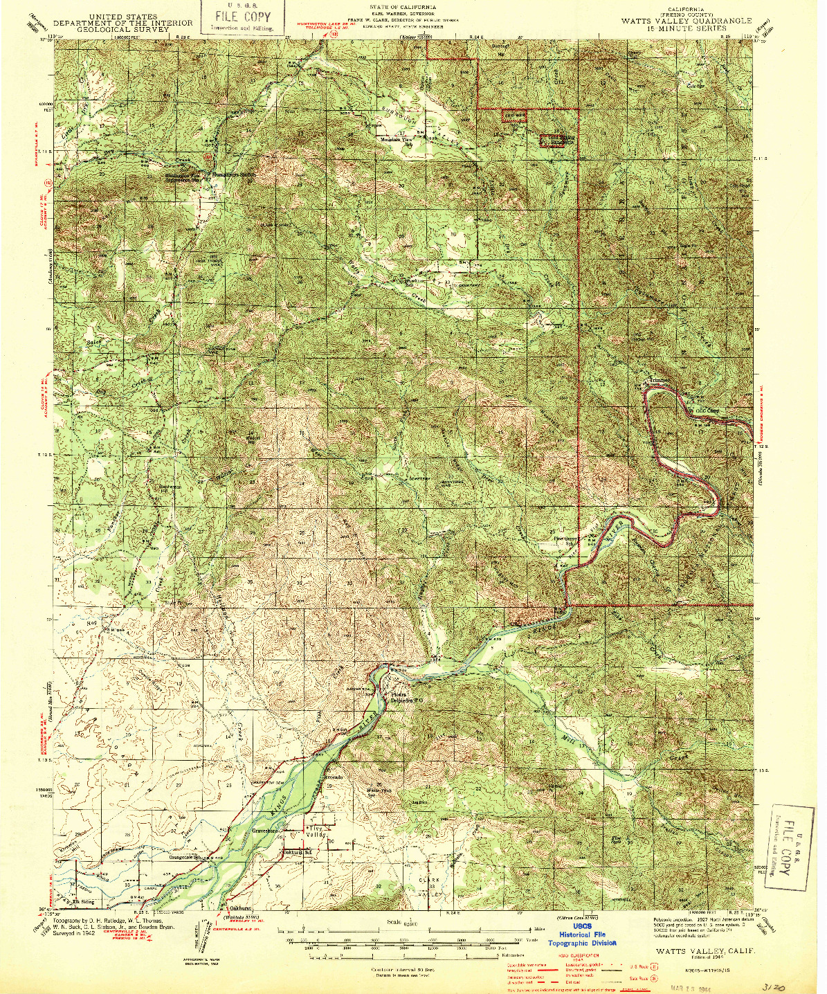 USGS 1:62500-SCALE QUADRANGLE FOR WATTS VALLEY, CA 1944