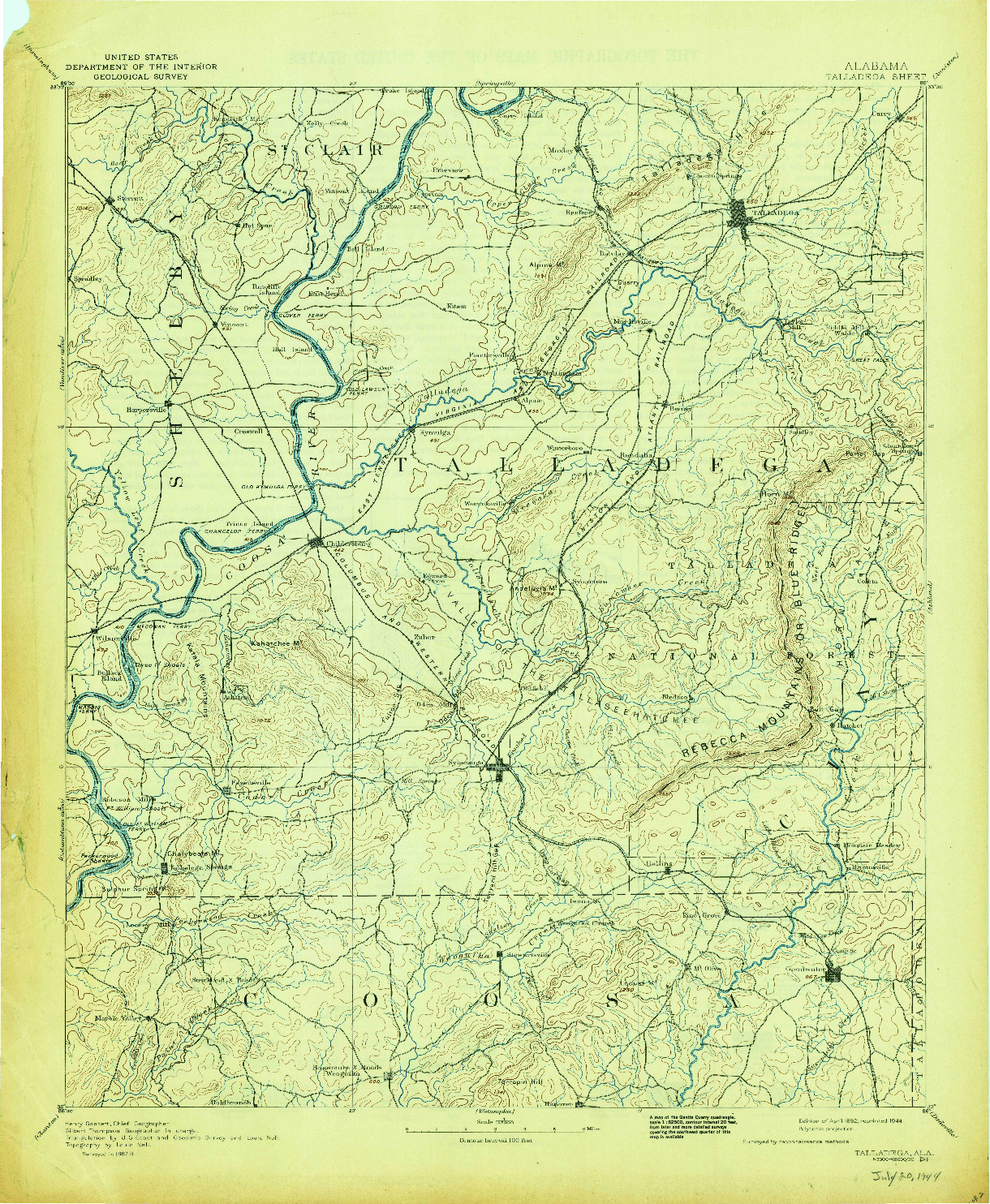 USGS 1:125000-SCALE QUADRANGLE FOR TALLADEGA, AL 1892