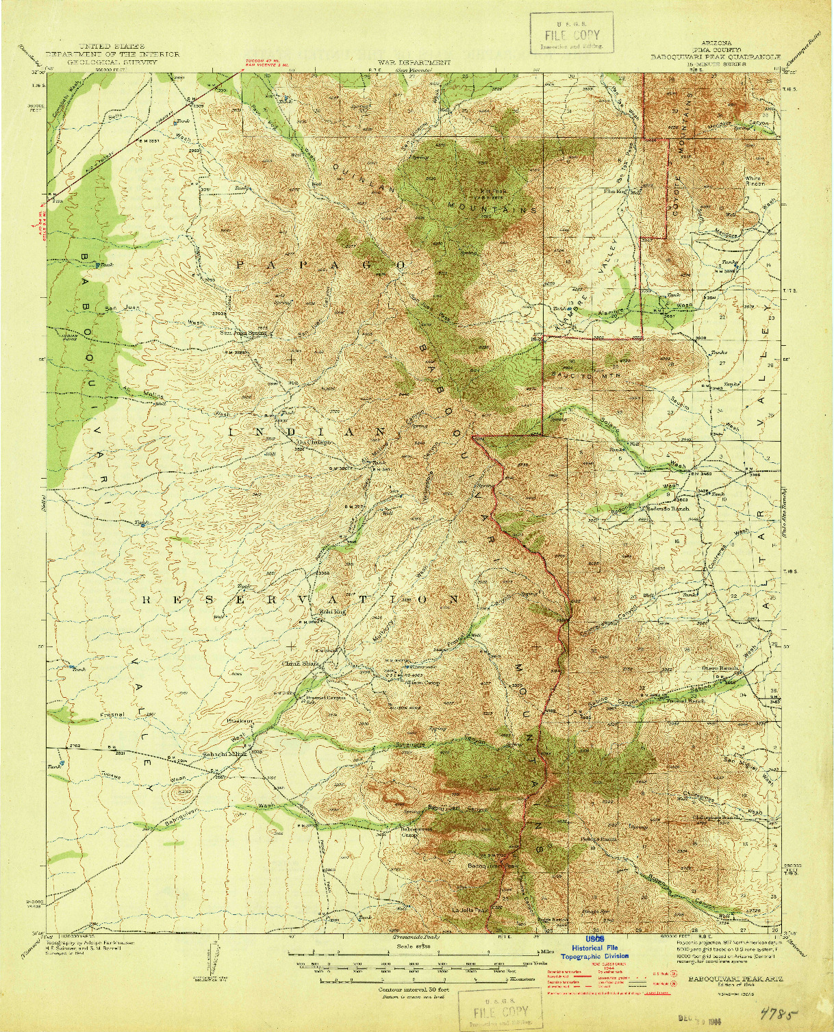 USGS 1:62500-SCALE QUADRANGLE FOR BABOQUIVARI PEAK, AZ 1944