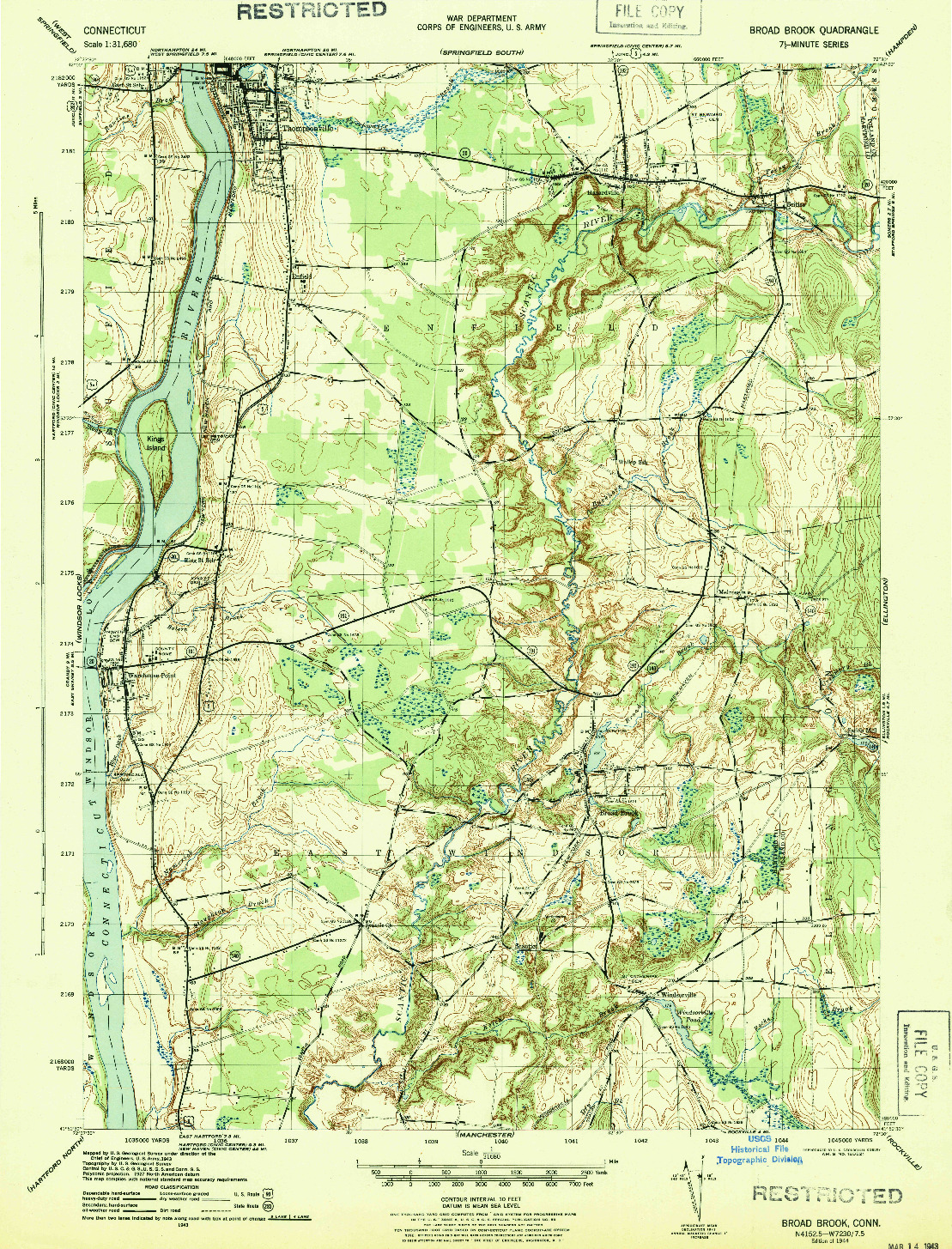 USGS 1:31680-SCALE QUADRANGLE FOR BROAD BROOK, CT 1944