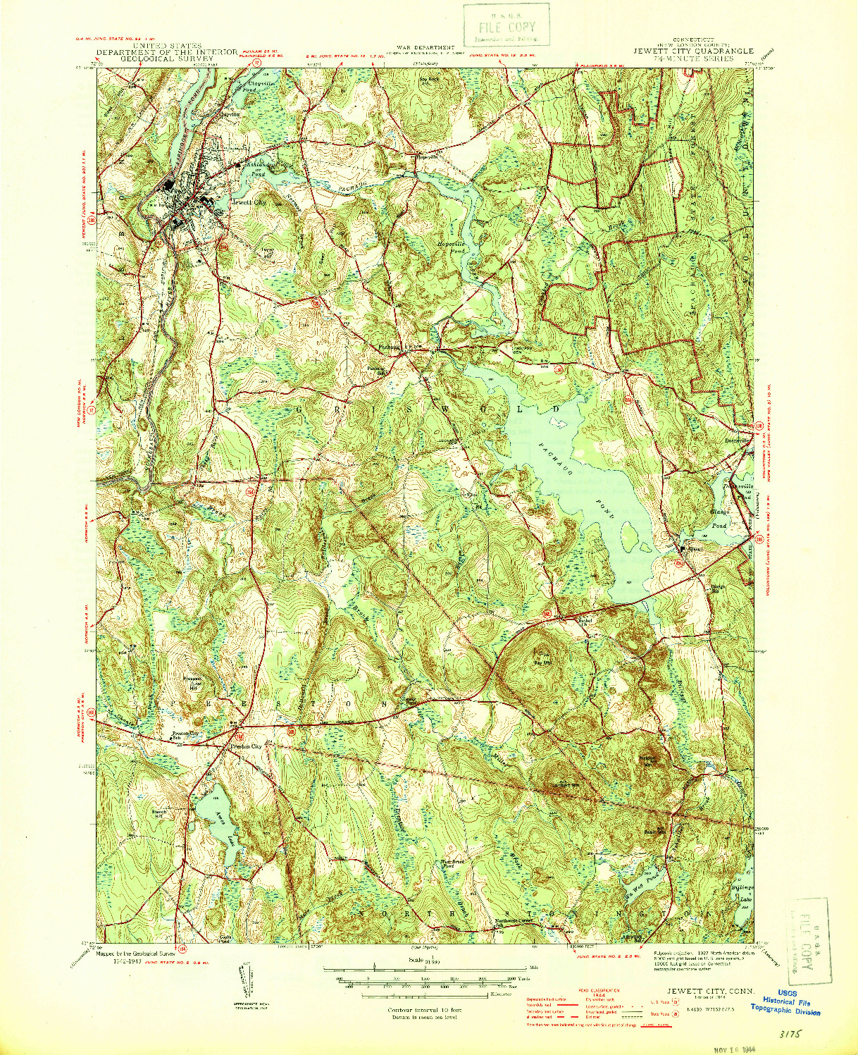 USGS 1:31680-SCALE QUADRANGLE FOR JEWETT CITY, CT 1944