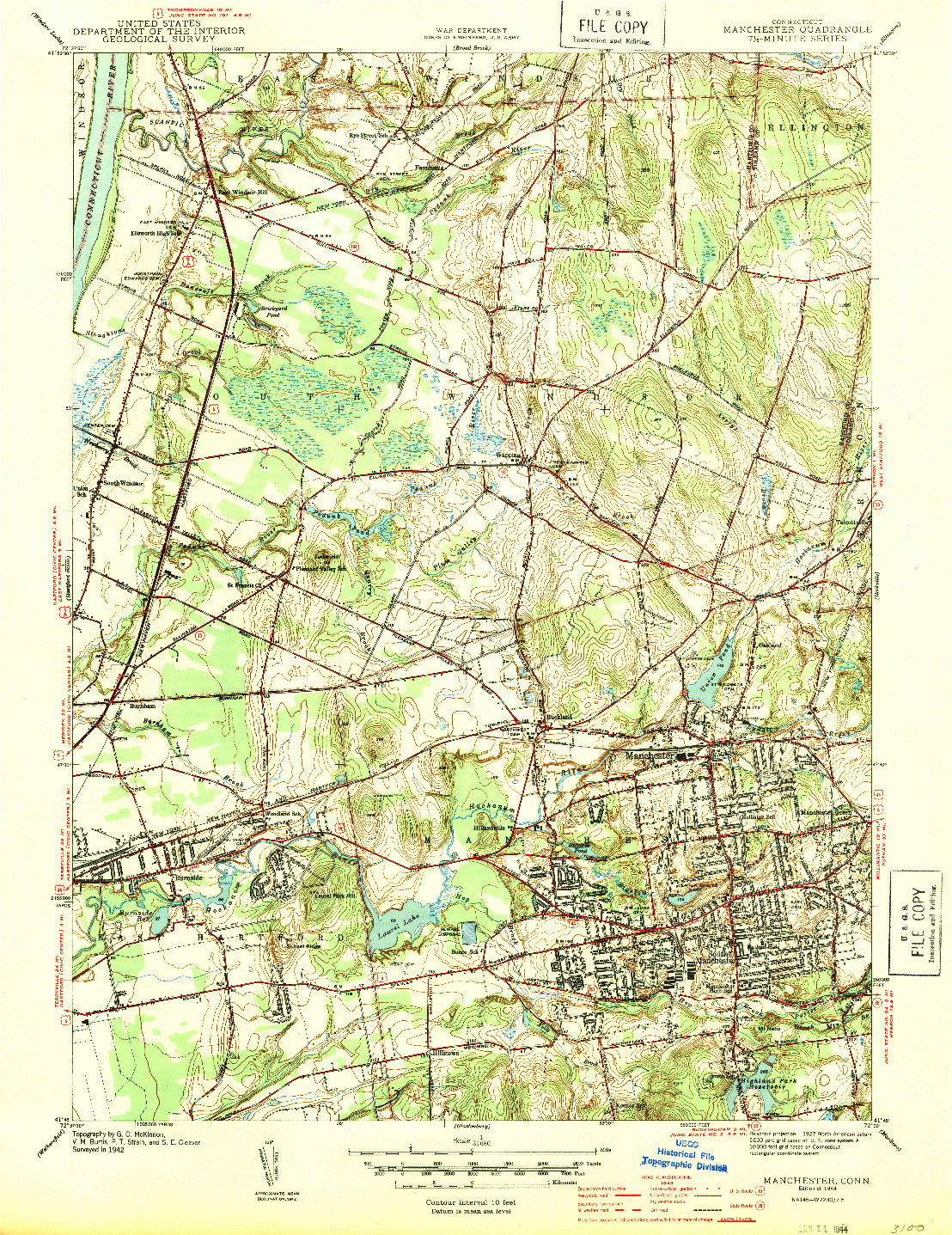 USGS 1:31680-SCALE QUADRANGLE FOR MANCHESTER, CT 1944