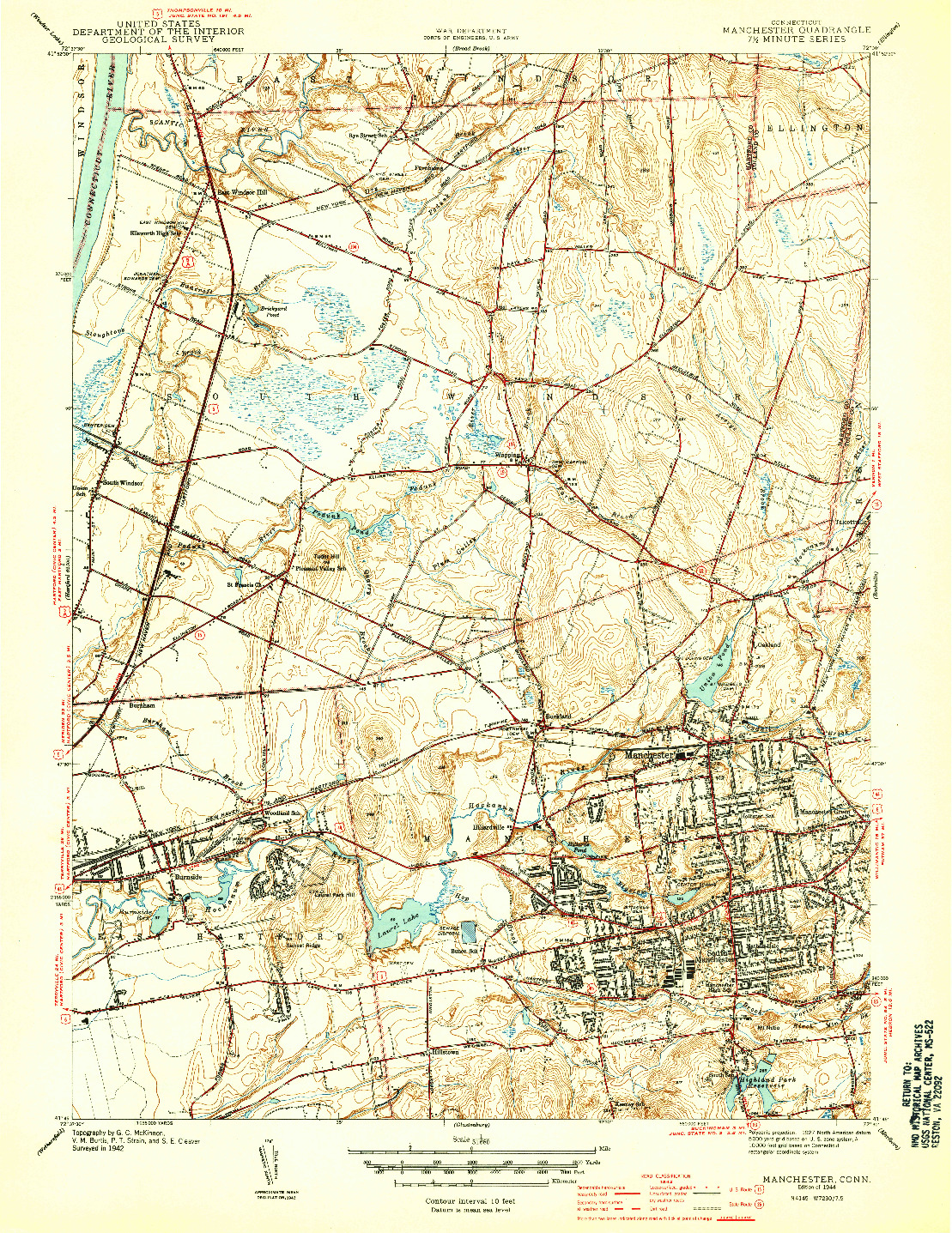 USGS 1:31680-SCALE QUADRANGLE FOR MANCHESTER, CT 1944