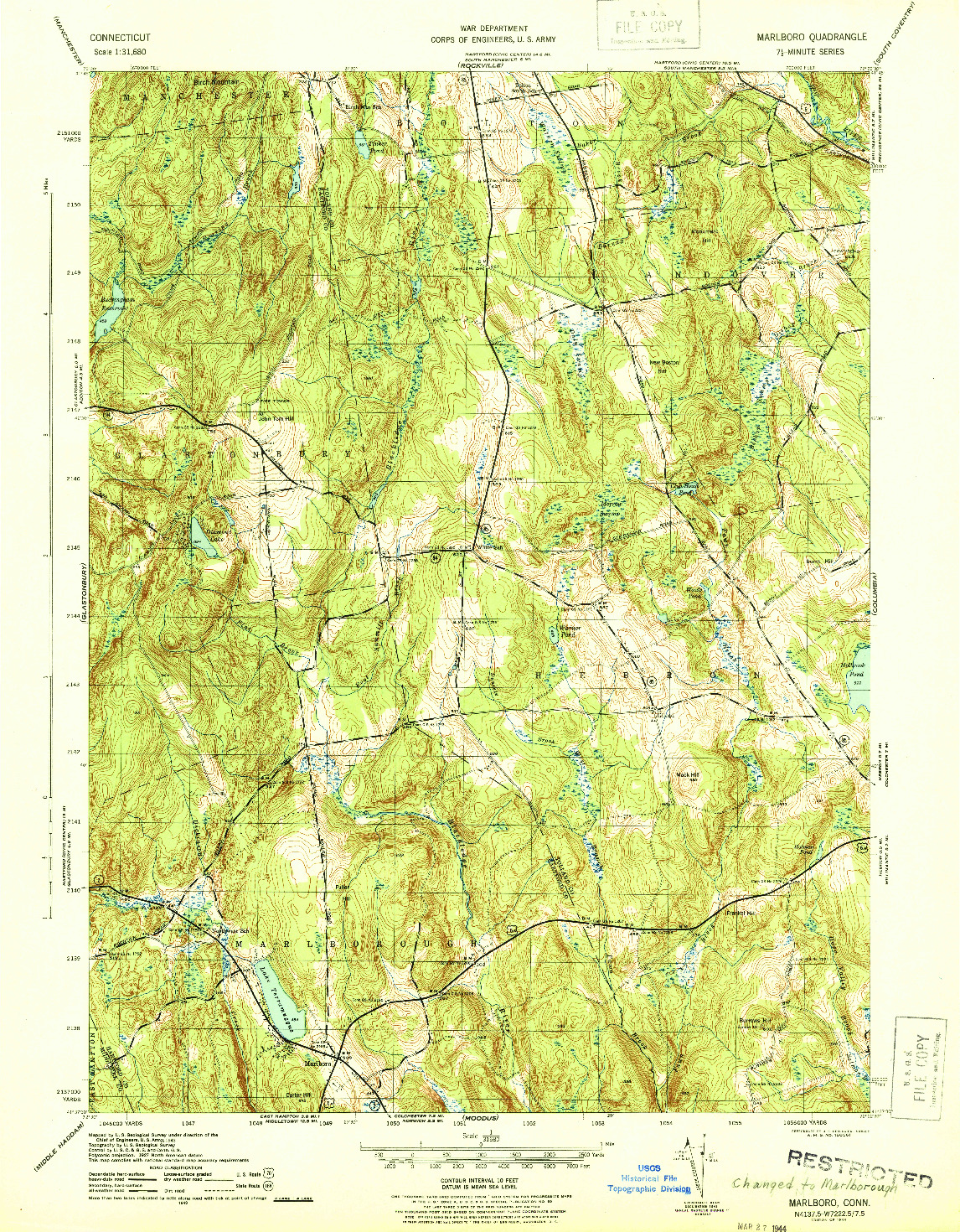 USGS 1:31680-SCALE QUADRANGLE FOR MARLBORO, CT 1944