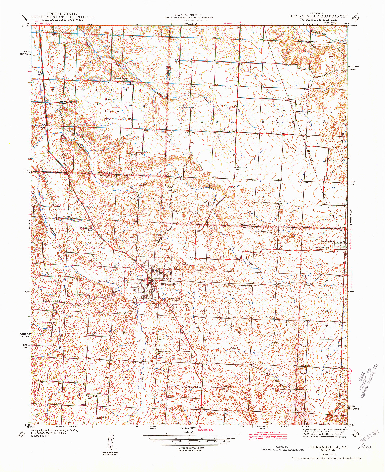 USGS 1:24000-SCALE QUADRANGLE FOR HUMANSVILLE, MO 1944