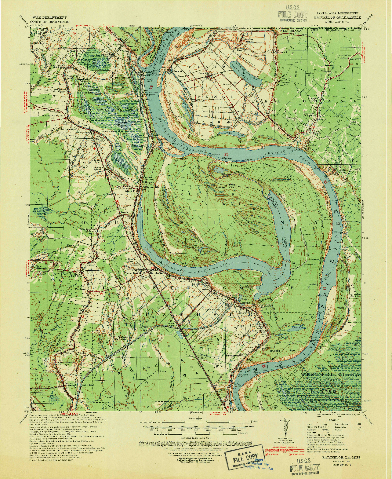 USGS 1:62500-SCALE QUADRANGLE FOR BATCHELOR, LA 1941