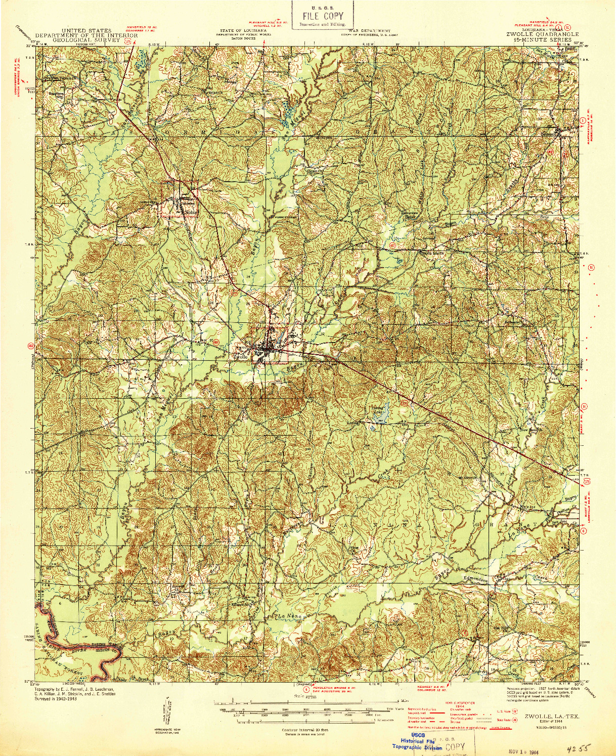USGS 1:62500-SCALE QUADRANGLE FOR ZWOLLE, LA 1944