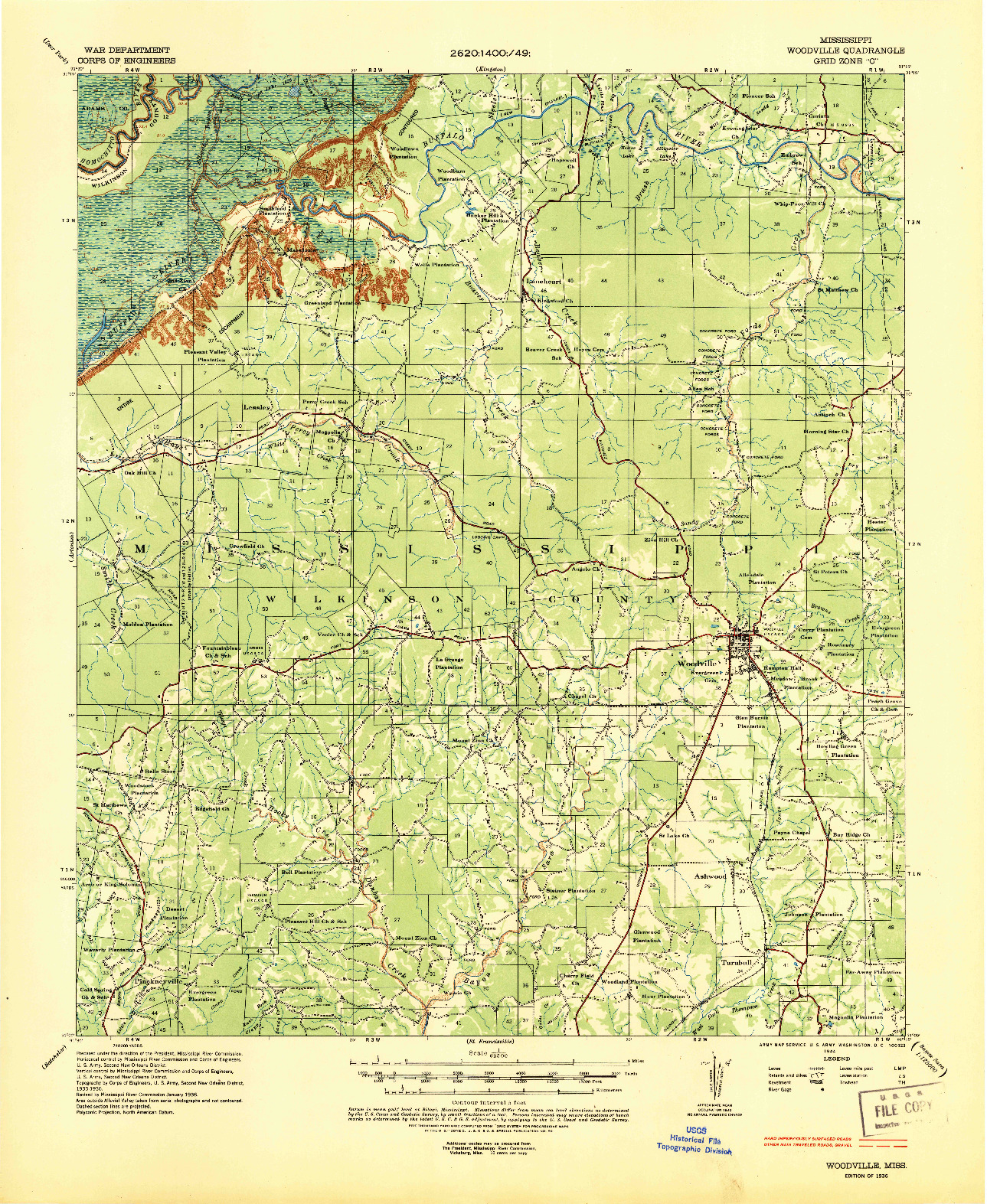 USGS 1:62500-SCALE QUADRANGLE FOR WOODVILLE, MS 1936
