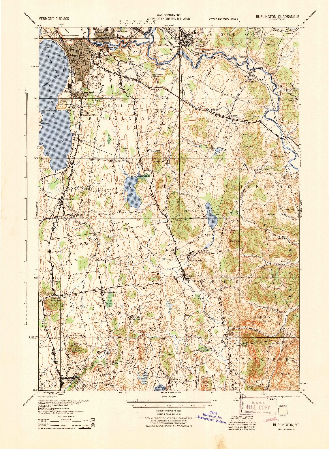 USGS 1:62500-SCALE QUADRANGLE FOR BURLINGTON, VT 1944