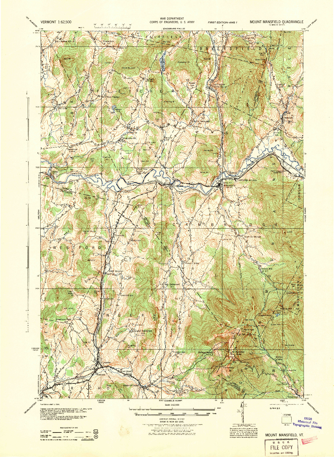 USGS 1:62500-SCALE QUADRANGLE FOR MOUNT MANSFIELD, VT 1944