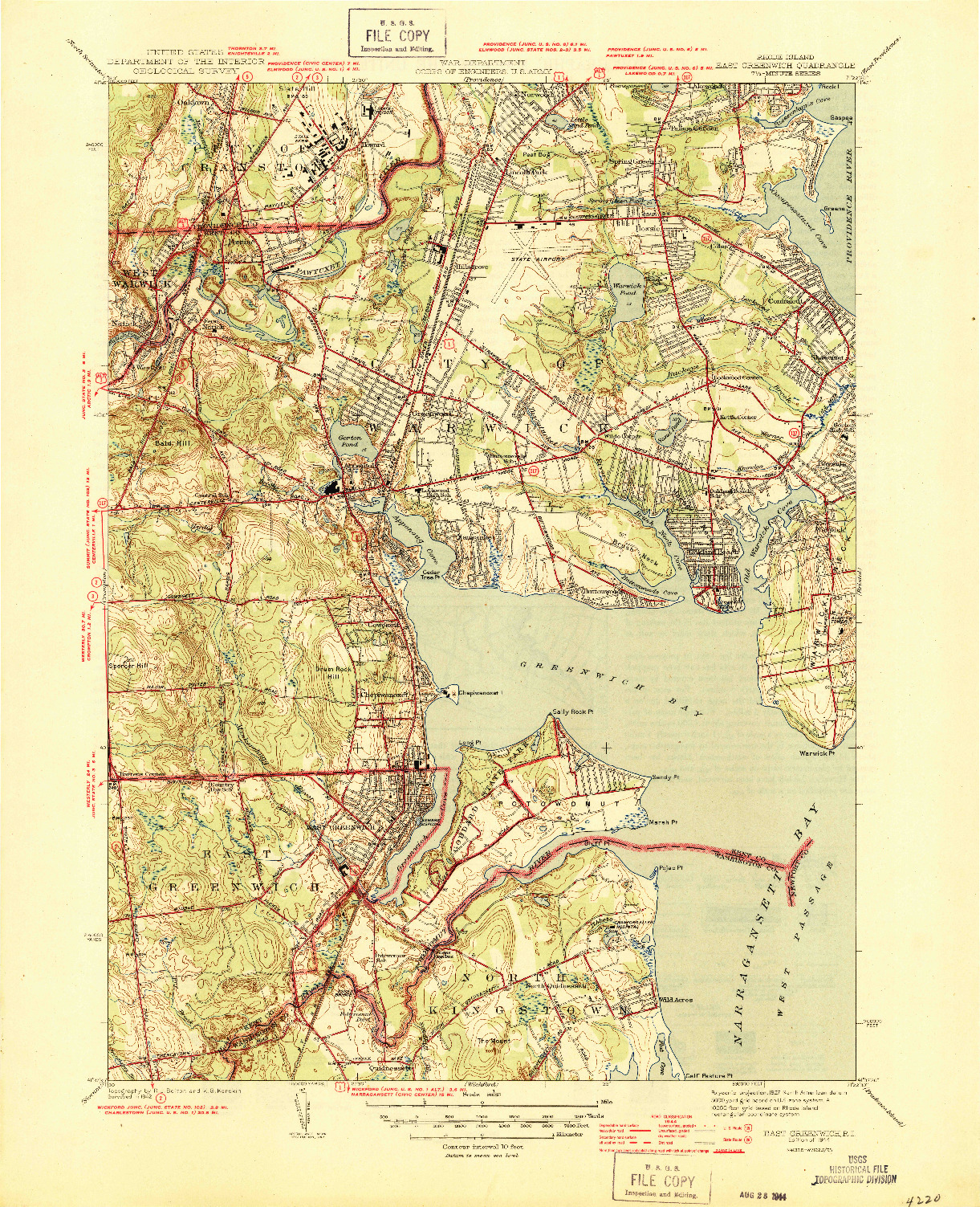 USGS 1:31680-SCALE QUADRANGLE FOR EAST GREENWICH, RI 1944