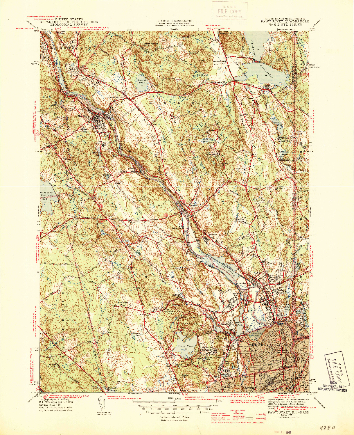 USGS 1:31680-SCALE QUADRANGLE FOR PAWTUCKET, RI 1944