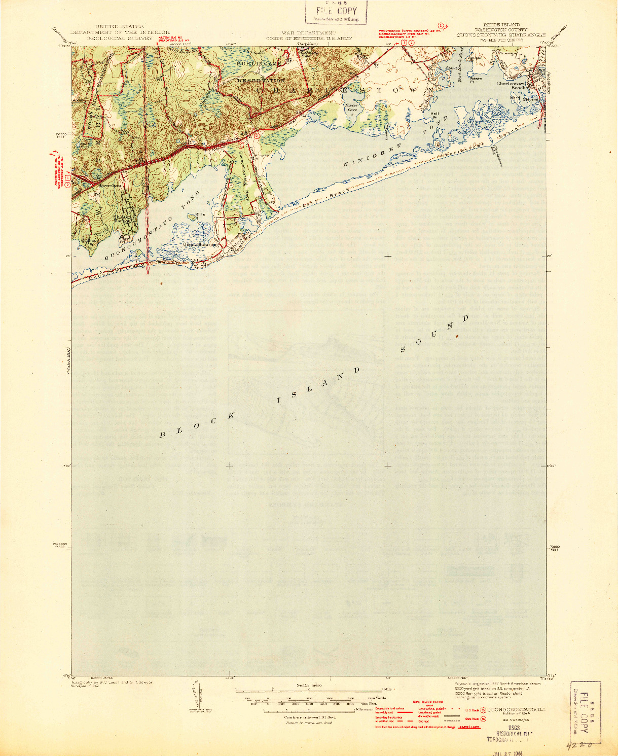 USGS 1:31680-SCALE QUADRANGLE FOR QUONOCHONTAUG, RI 1944