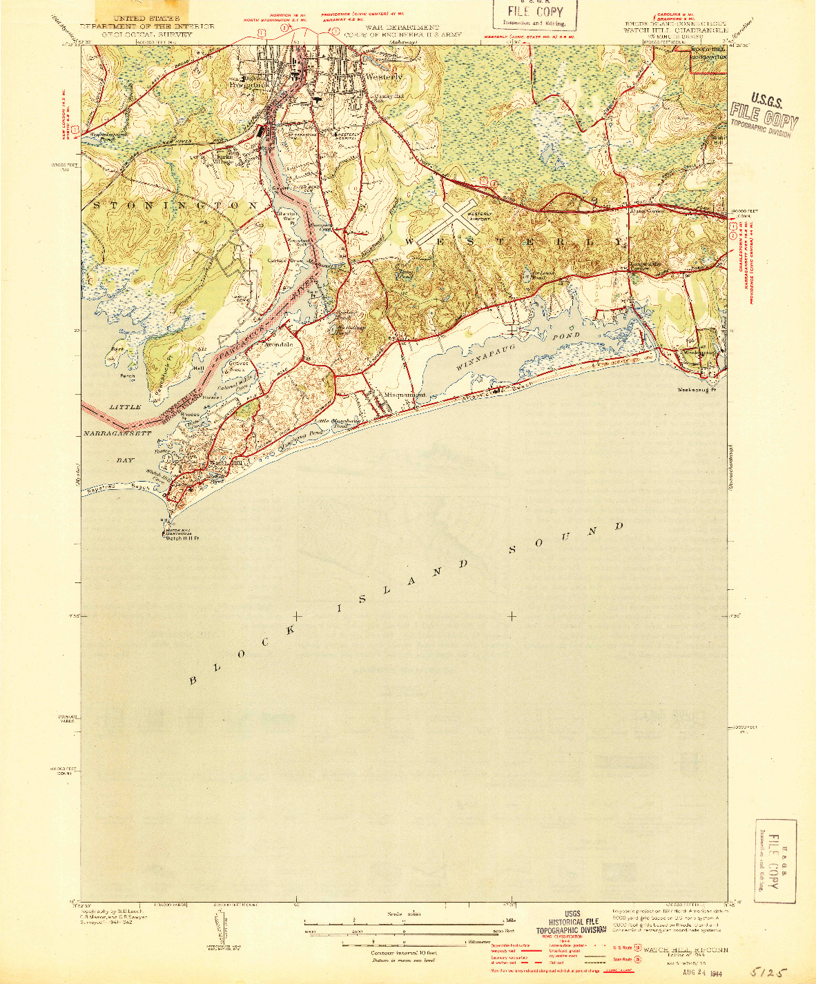 USGS 1:31680-SCALE QUADRANGLE FOR WATCH HILL, RI 1944