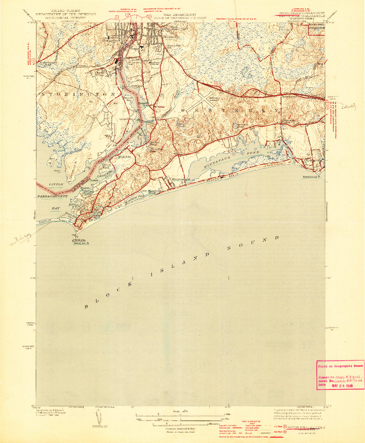 USGS 1:31680-SCALE QUADRANGLE FOR WATCH HILL, RI 1944