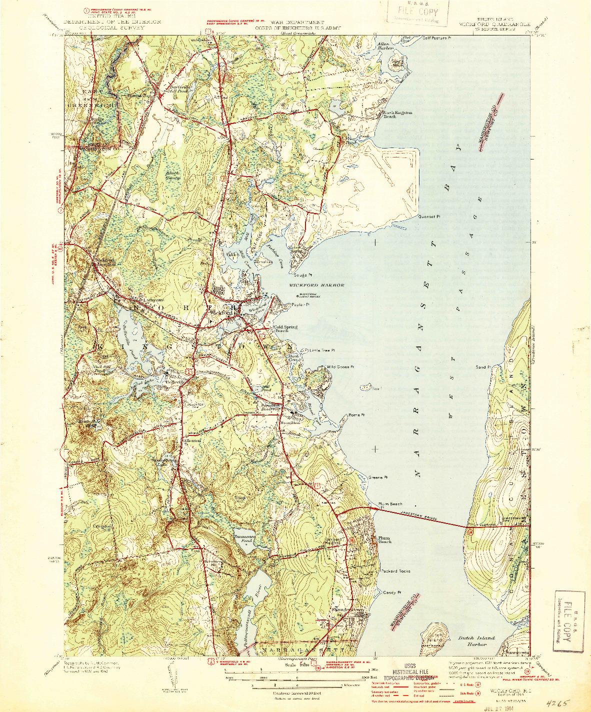 USGS 1:31680-SCALE QUADRANGLE FOR WICKFORD, RI 1944