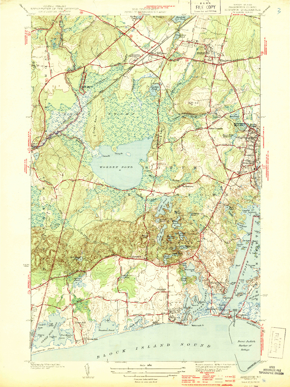 USGS 1:31680-SCALE QUADRANGLE FOR KINGSTON, RI 1944