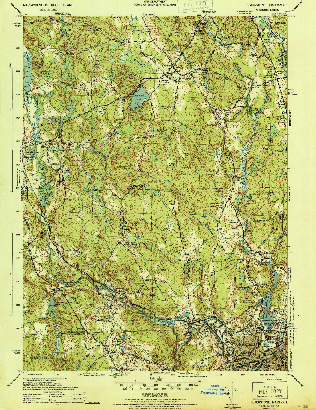 USGS 1:31680-SCALE QUADRANGLE FOR BLACKSTONE, MA 1944