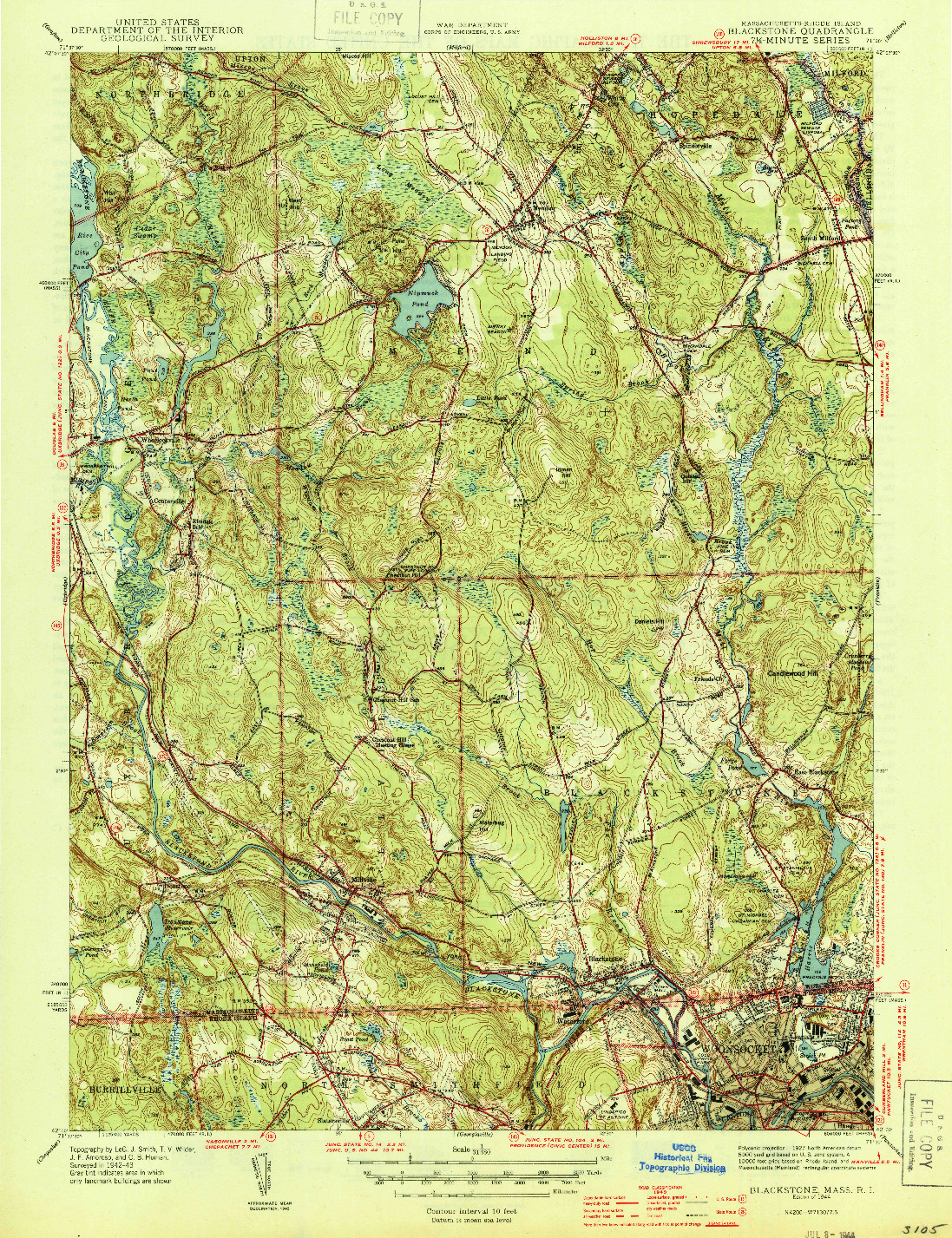 USGS 1:31680-SCALE QUADRANGLE FOR BLACKSTONE, MA 1944