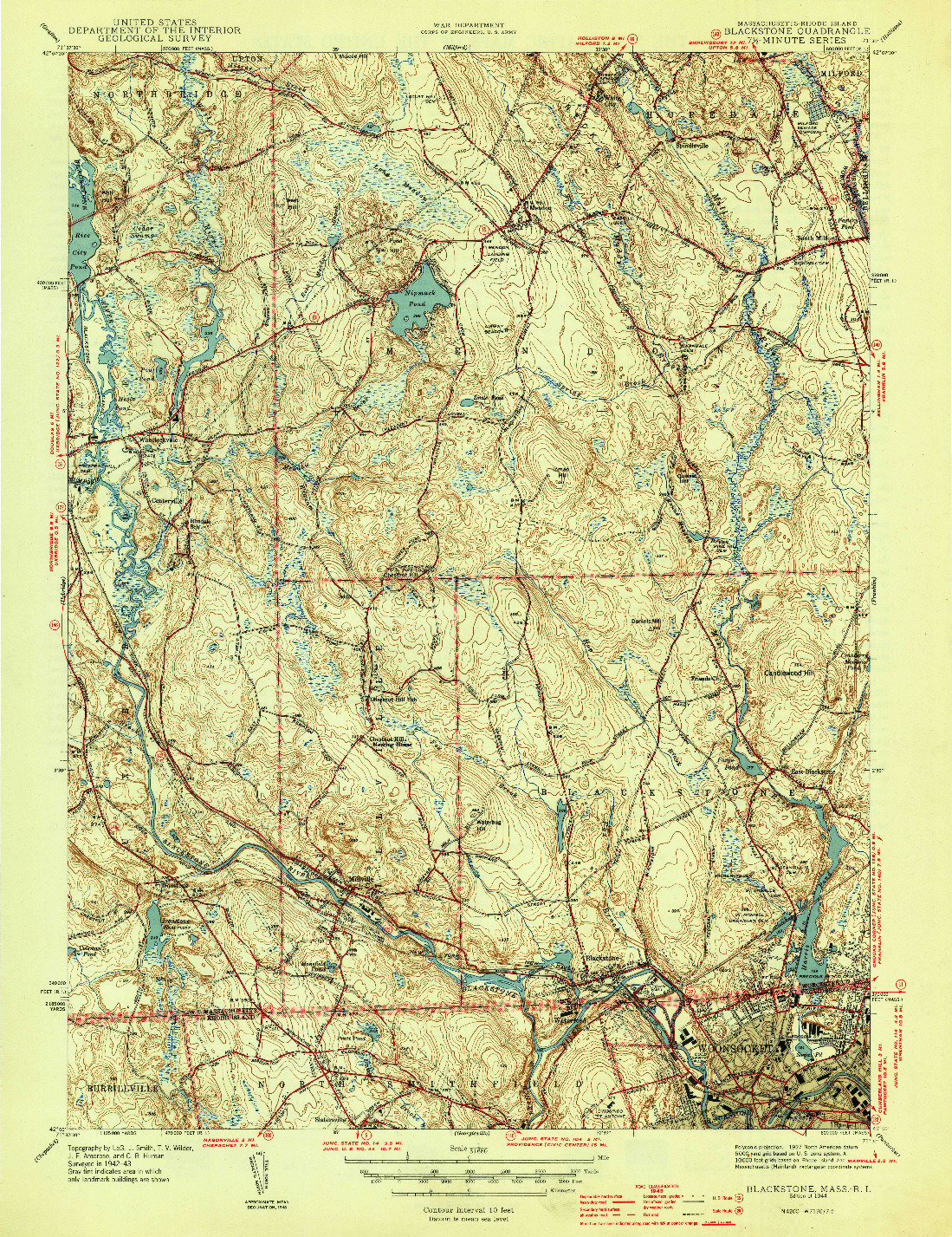 USGS 1:31680-SCALE QUADRANGLE FOR BLACKSTONE, MA 1944