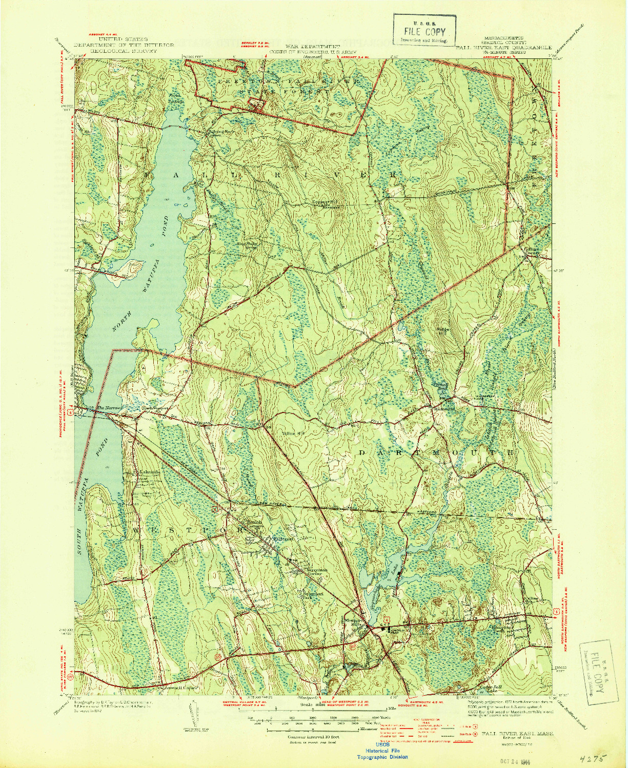 USGS 1:31680-SCALE QUADRANGLE FOR FALL RIVER EAST, MA 1944