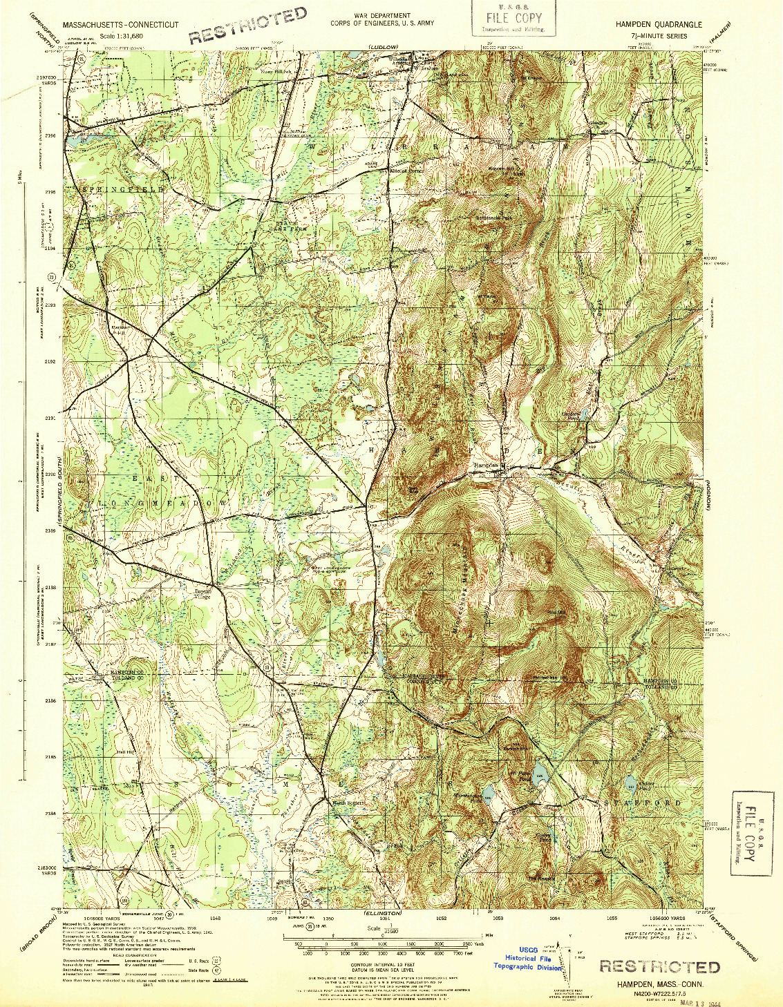 USGS 1:31680-SCALE QUADRANGLE FOR HAMPDEN, MA 1944