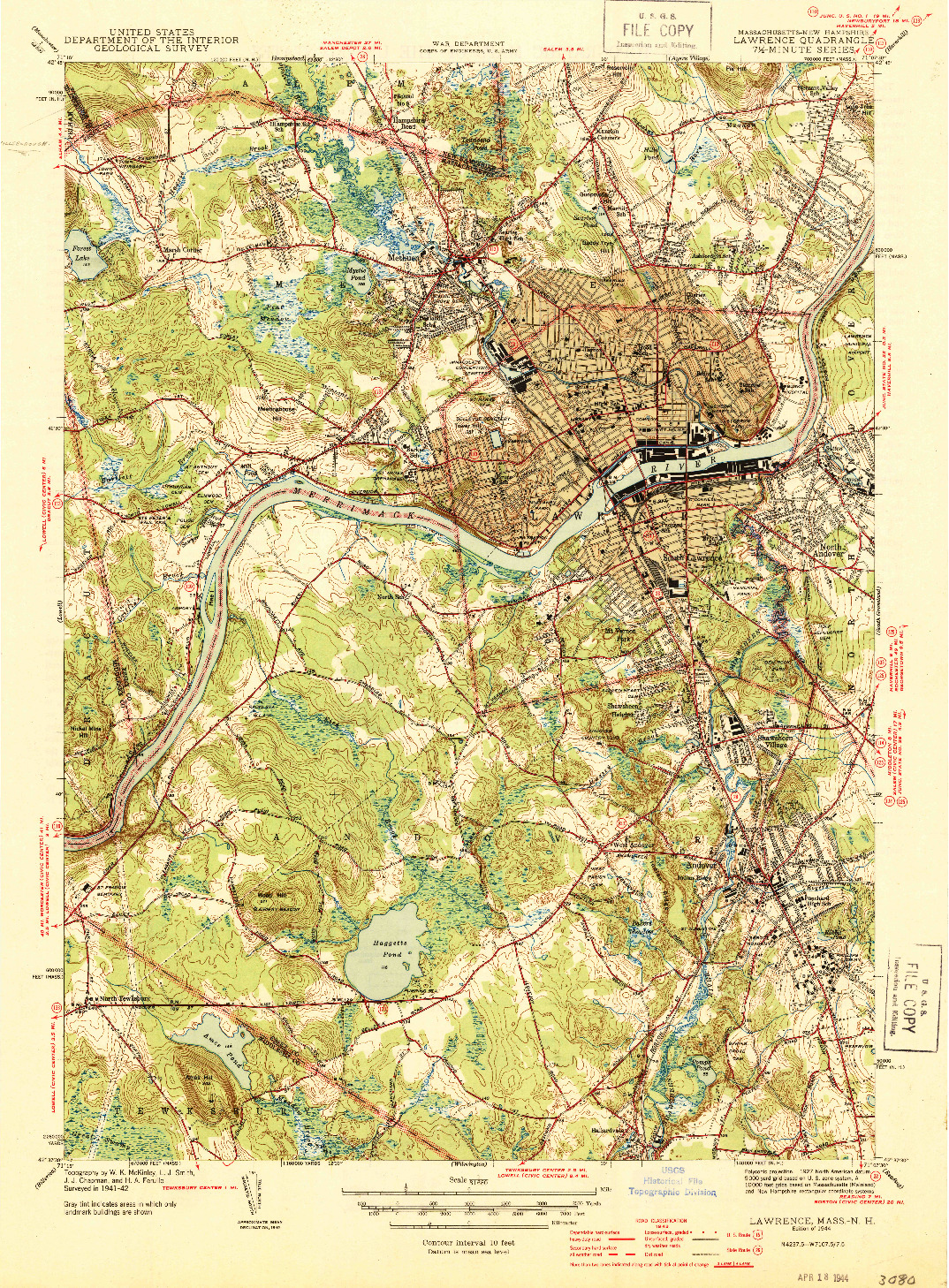 USGS 1:31680-SCALE QUADRANGLE FOR LAWRENCE, MA 1944