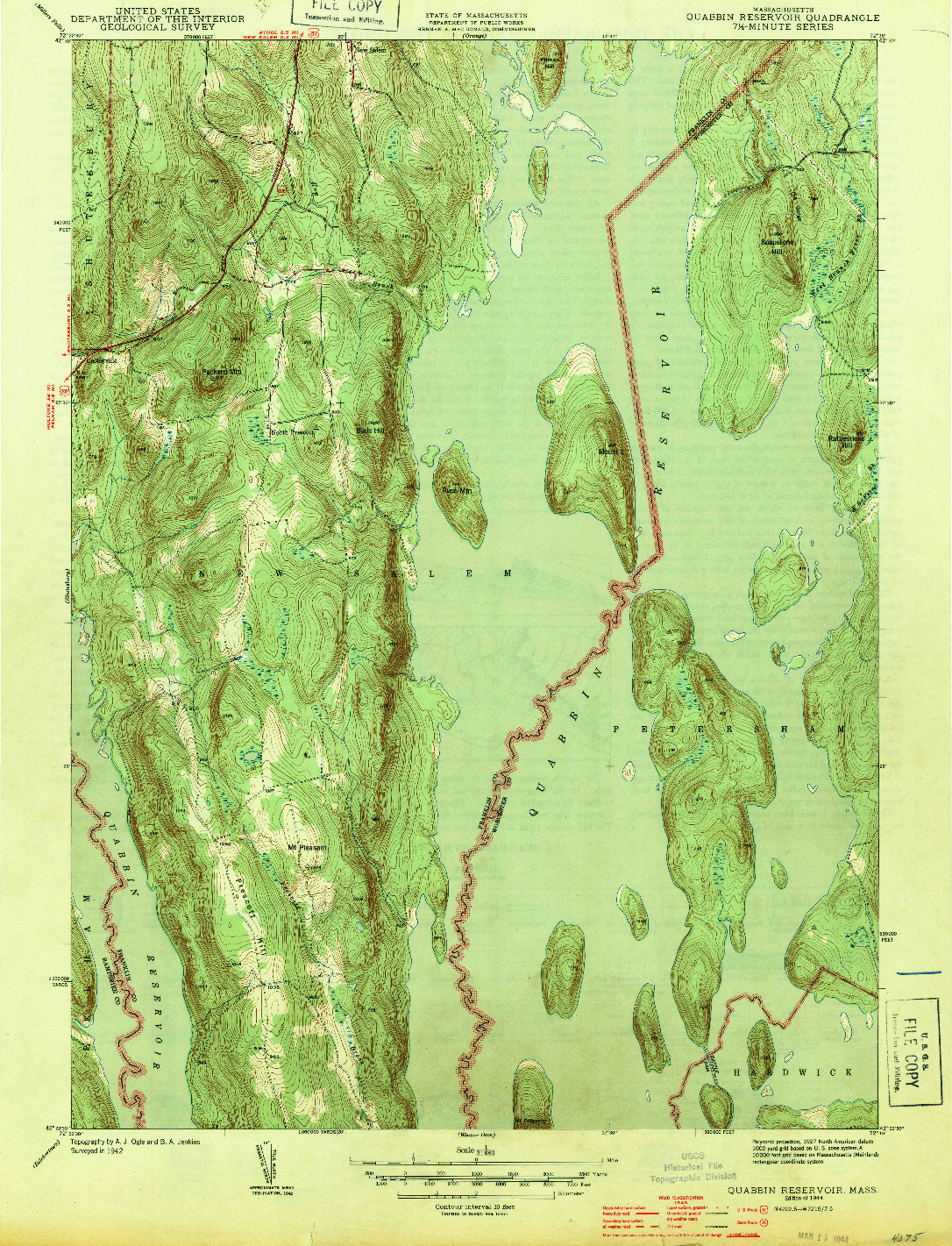 USGS 1:31680-SCALE QUADRANGLE FOR QUABBIN RESERVOIR, MA 1944