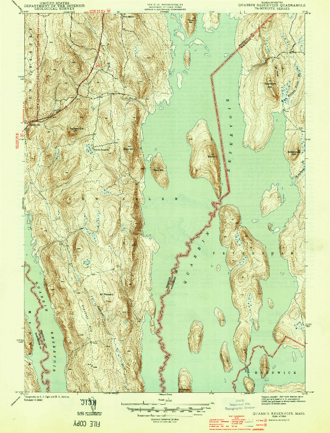 USGS 1:31680-SCALE QUADRANGLE FOR QUABBIN RESERVOIR, MA 1944