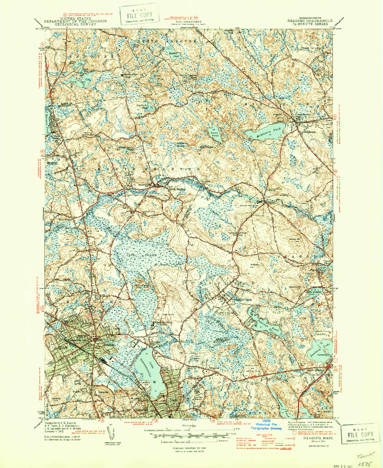 USGS 1:31680-SCALE QUADRANGLE FOR READING, MA 1944