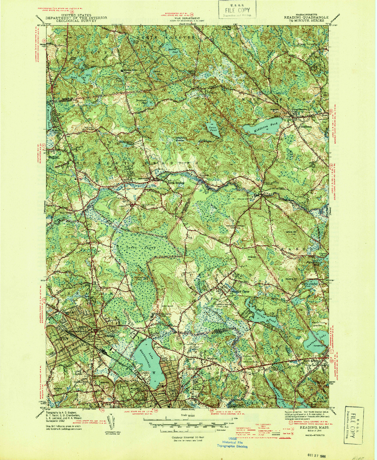 USGS 1:31680-SCALE QUADRANGLE FOR READING, MA 1944