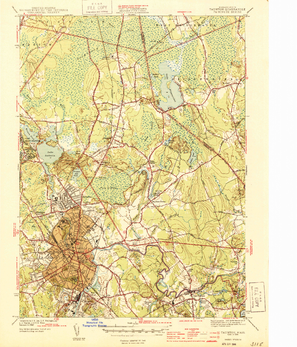 USGS 1:31680-SCALE QUADRANGLE FOR TAUNTON, MA 1944